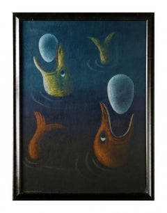 Chimeras, mid-century figural abstract blue acrylic painting