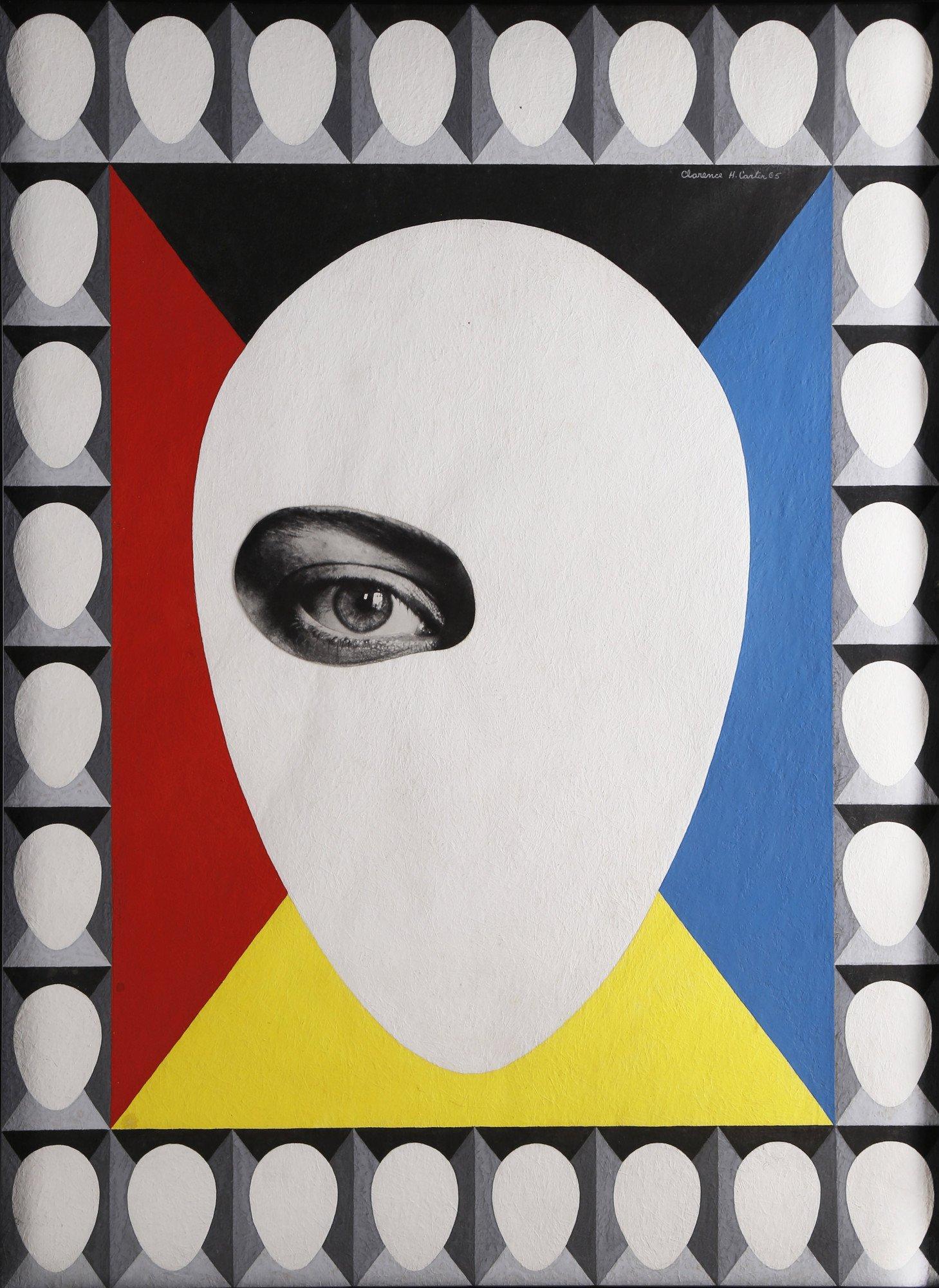 Abstract Painting di Clarence Holbrook Carter - Pittura acrilica e collage astratta cromatica, testa ovoidale, geometrica e figurativa