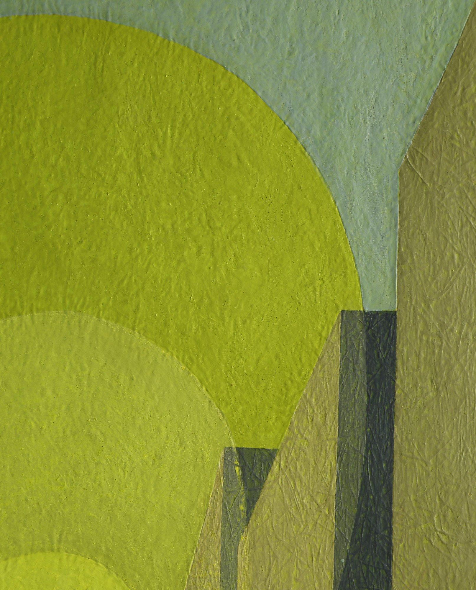 City Scape, Ovoid Geometrical Abstract Green & Brown Structures - Painting by Clarence Holbrook Carter
