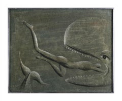 Dichotomy, mid-century figural abstract green oil painting