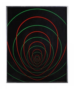 Green and Red Mandala, Abstract Oval Painting by Ohio Artist Clarence Carter