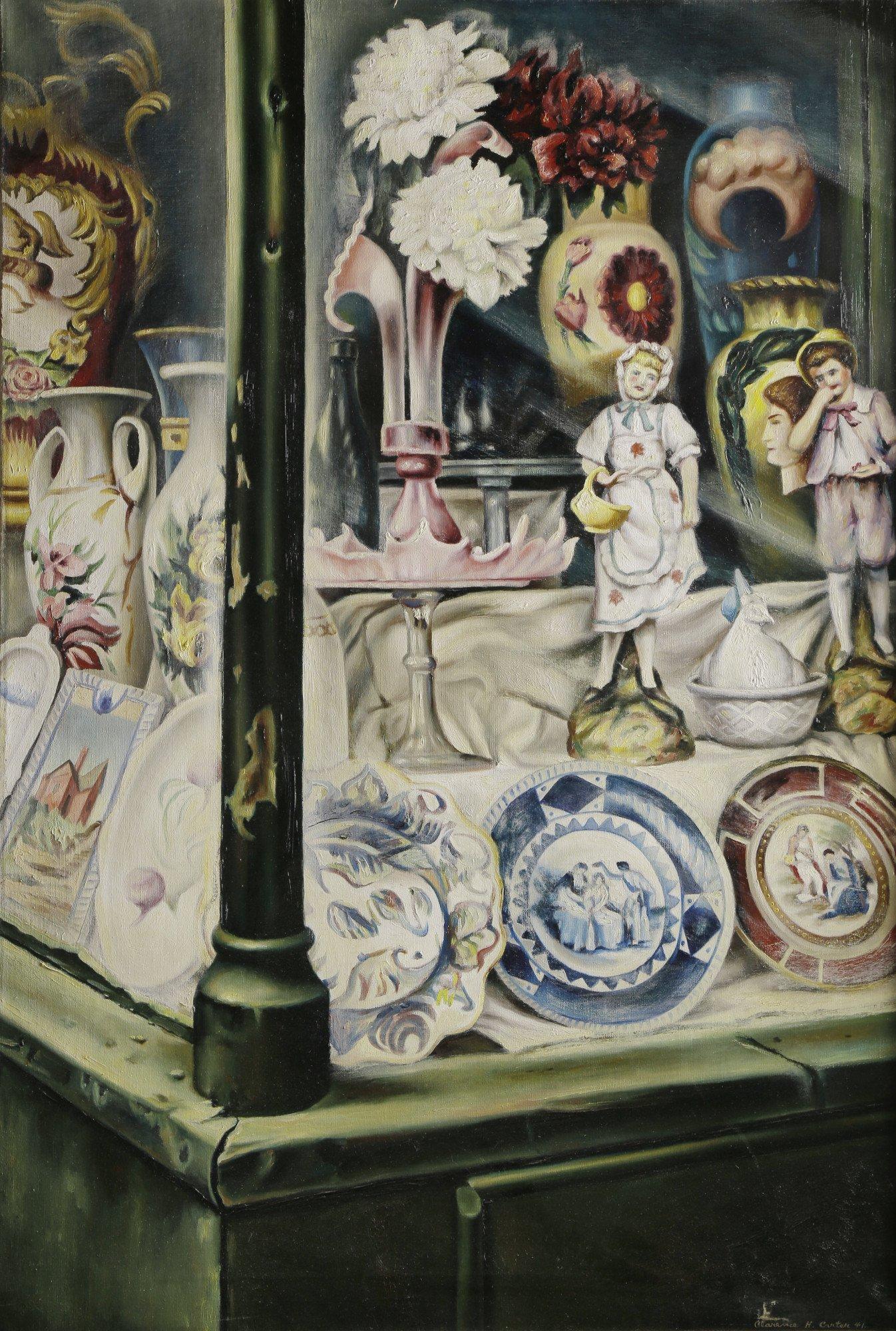 Hospitalits Long Past, peinture  l'huile de la faade d'un magasin des annes 1940 - Painting de Clarence Holbrook Carter