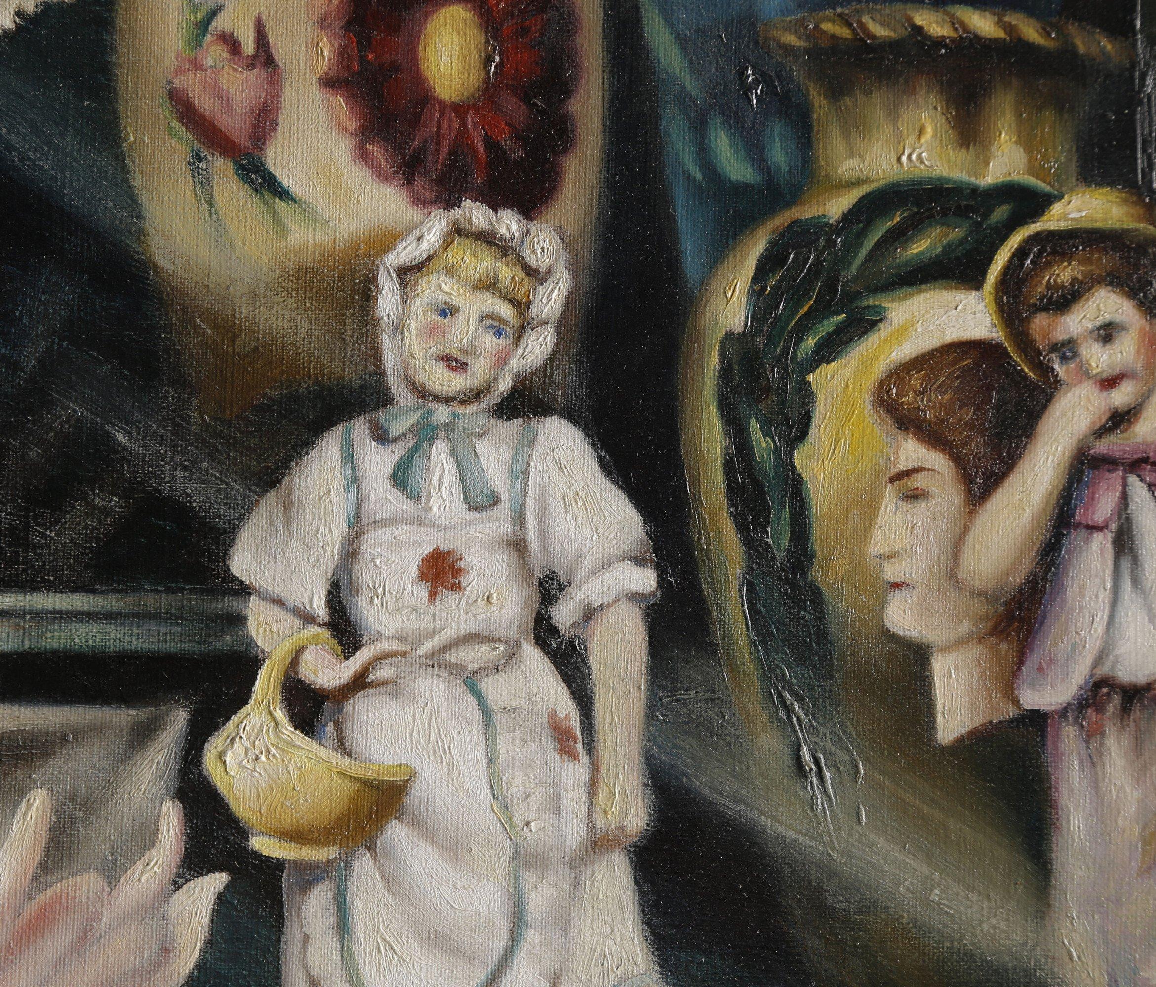 Hospitalits Long Past, peinture  l'huile de la faade d'un magasin des annes 1940 - Modernisme américain Painting par Clarence Holbrook Carter