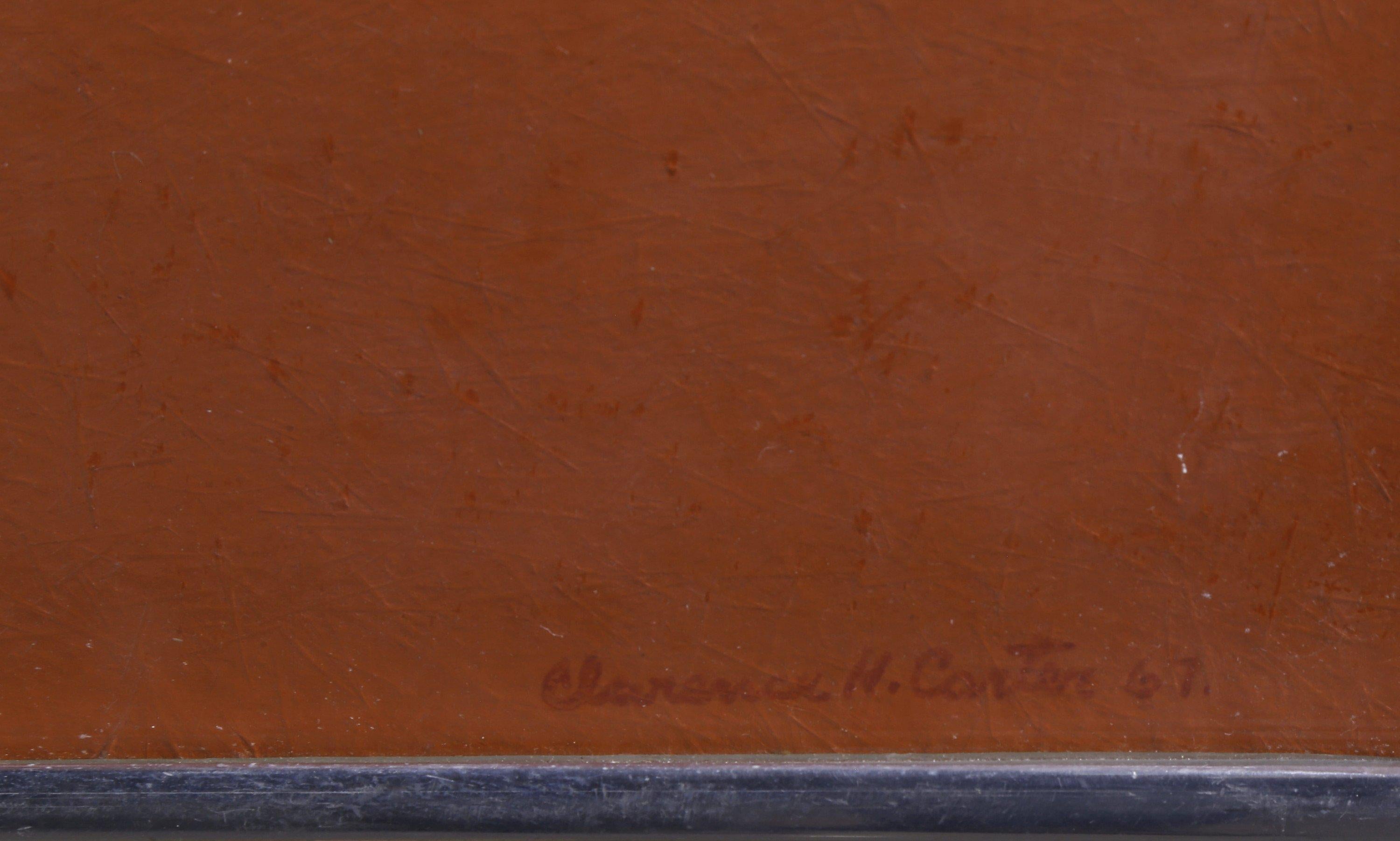 Icon Mandala, figurales, abstraktes ovales Gesichtsgemälde in Schwarz, Rot und Weiß, Mid-Century (Braun), Abstract Painting, von Clarence Holbrook Carter