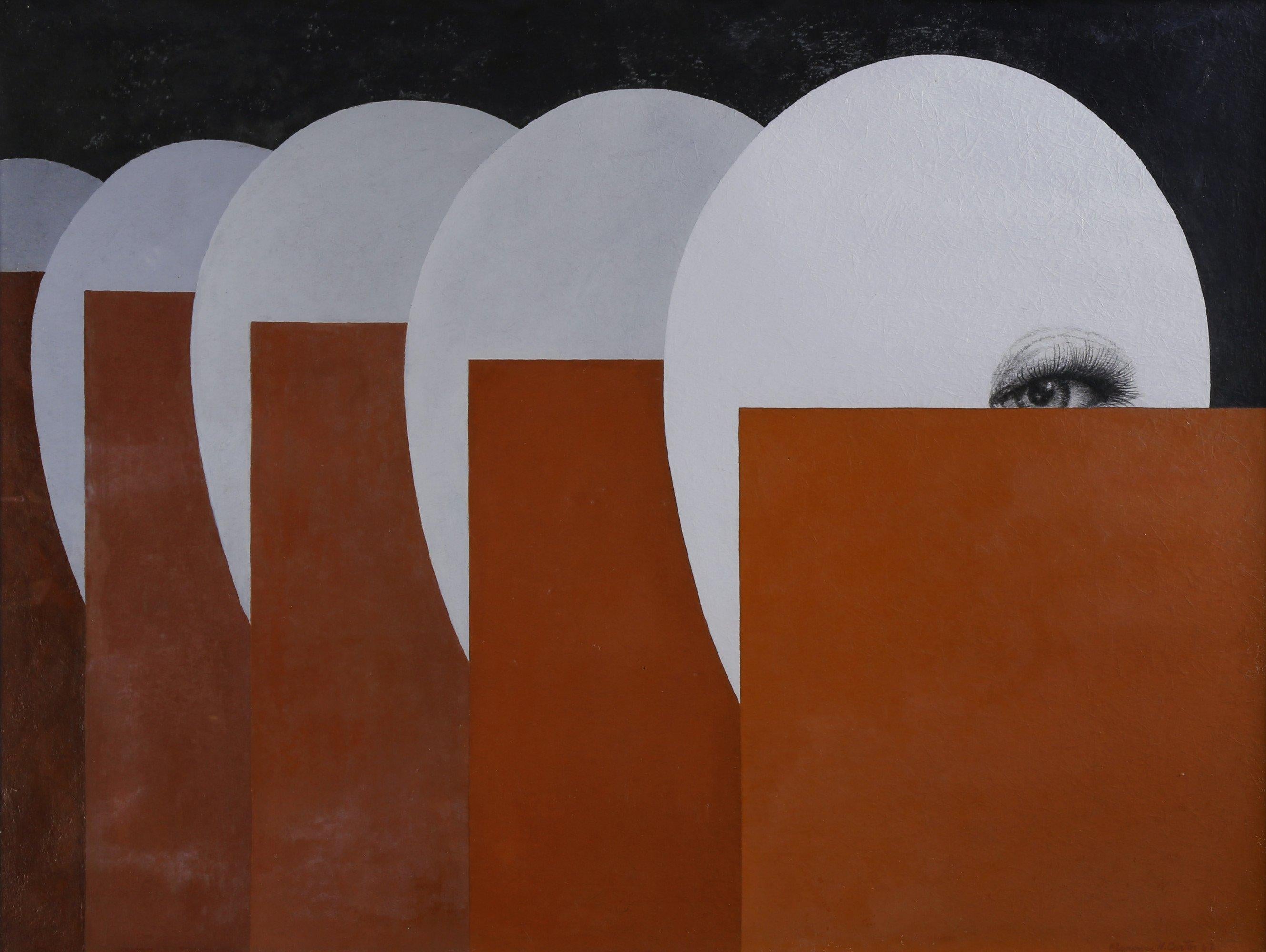 Clarence Holbrook Carter Abstract Painting – Icon Mandala, figurales, abstraktes ovales Gesichtsgemälde in Schwarz, Rot und Weiß, Mid-Century