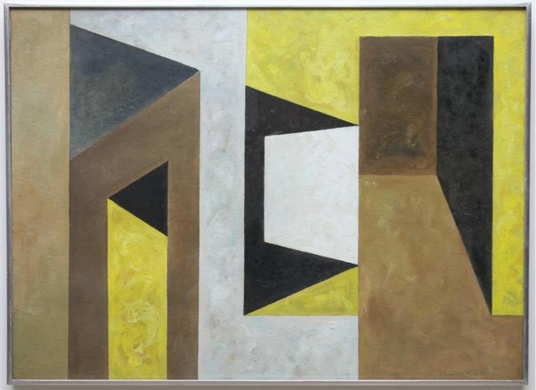 In and Out, mid-century figural abstract vibrant yellow geometric painting - Painting by Clarence Holbrook Carter