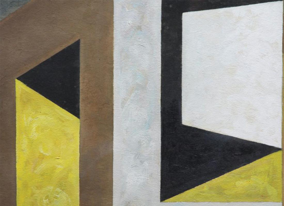 Dentro y fuera, cuadro geométrico abstracto amarillo vibrante figurativo de mediados de siglo - Painting Abstracto de Clarence Holbrook Carter