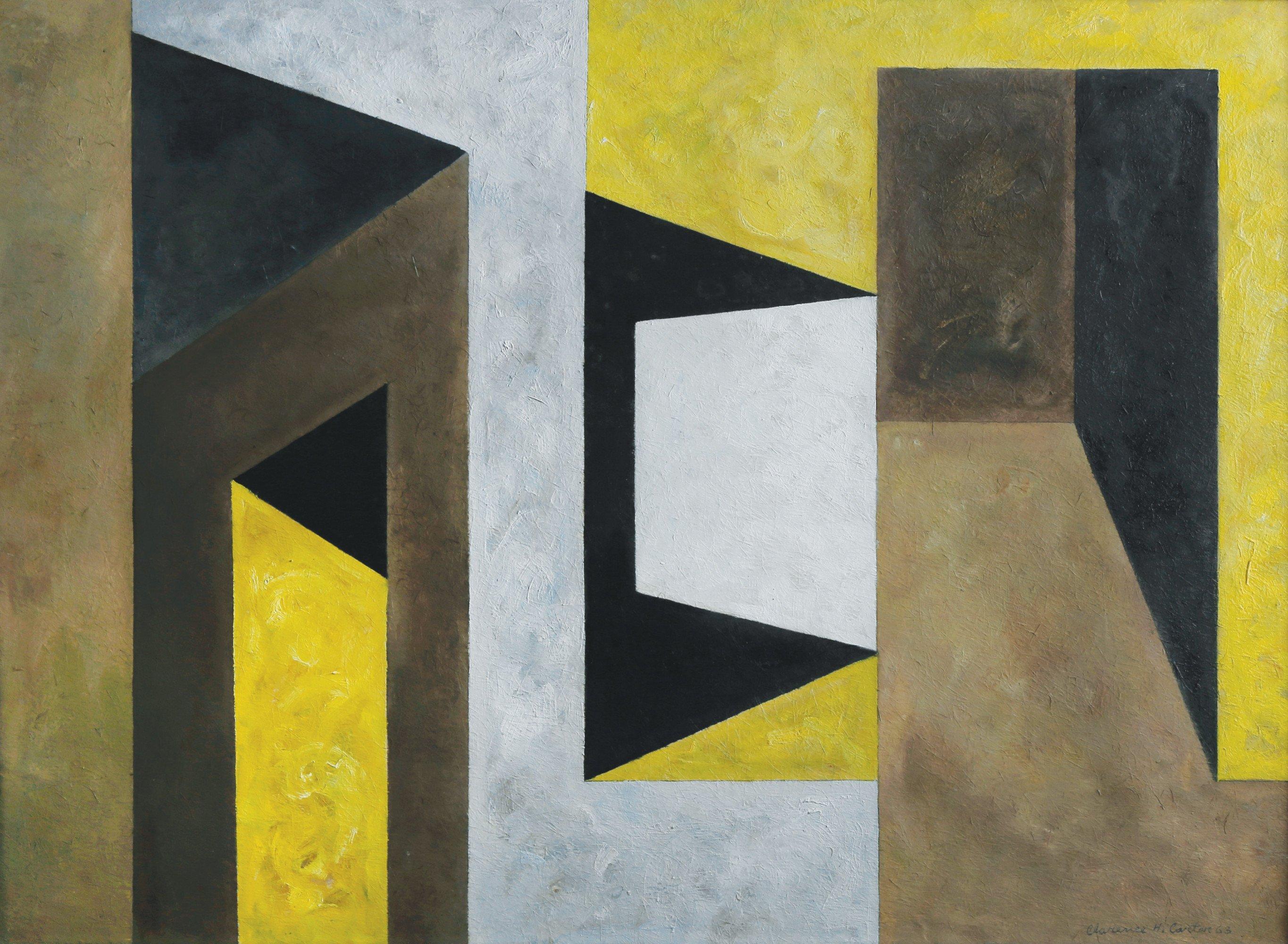 Figurative Painting de Clarence Holbrook Carter - Dentro y fuera, cuadro geométrico abstracto amarillo vibrante figurativo de mediados de siglo