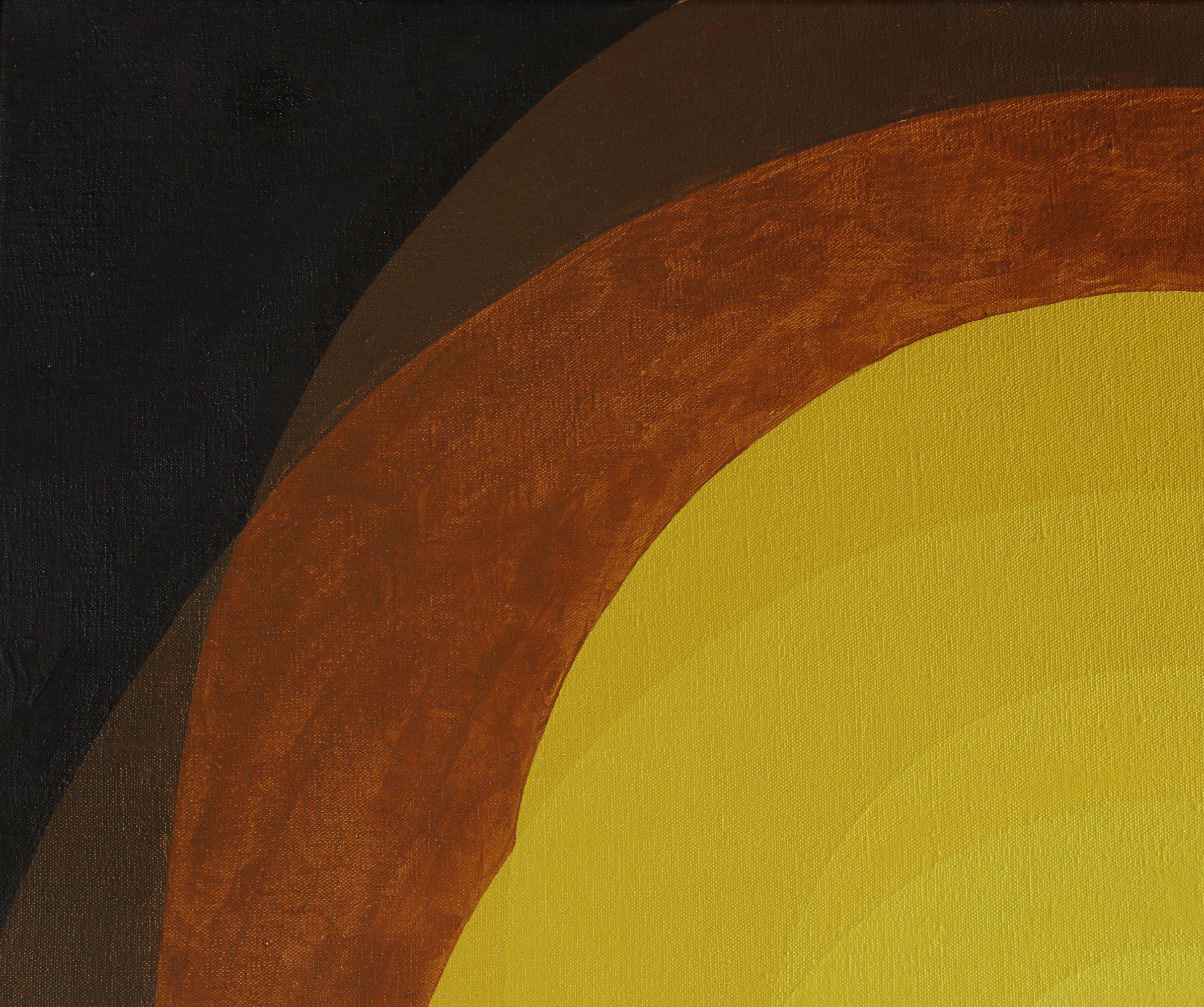 Großes gelbes Mandala aus der Jahrhundertmitte, eiförmige abstrakte Malerei (Amerikanische Moderne), Painting, von Clarence Holbrook Carter