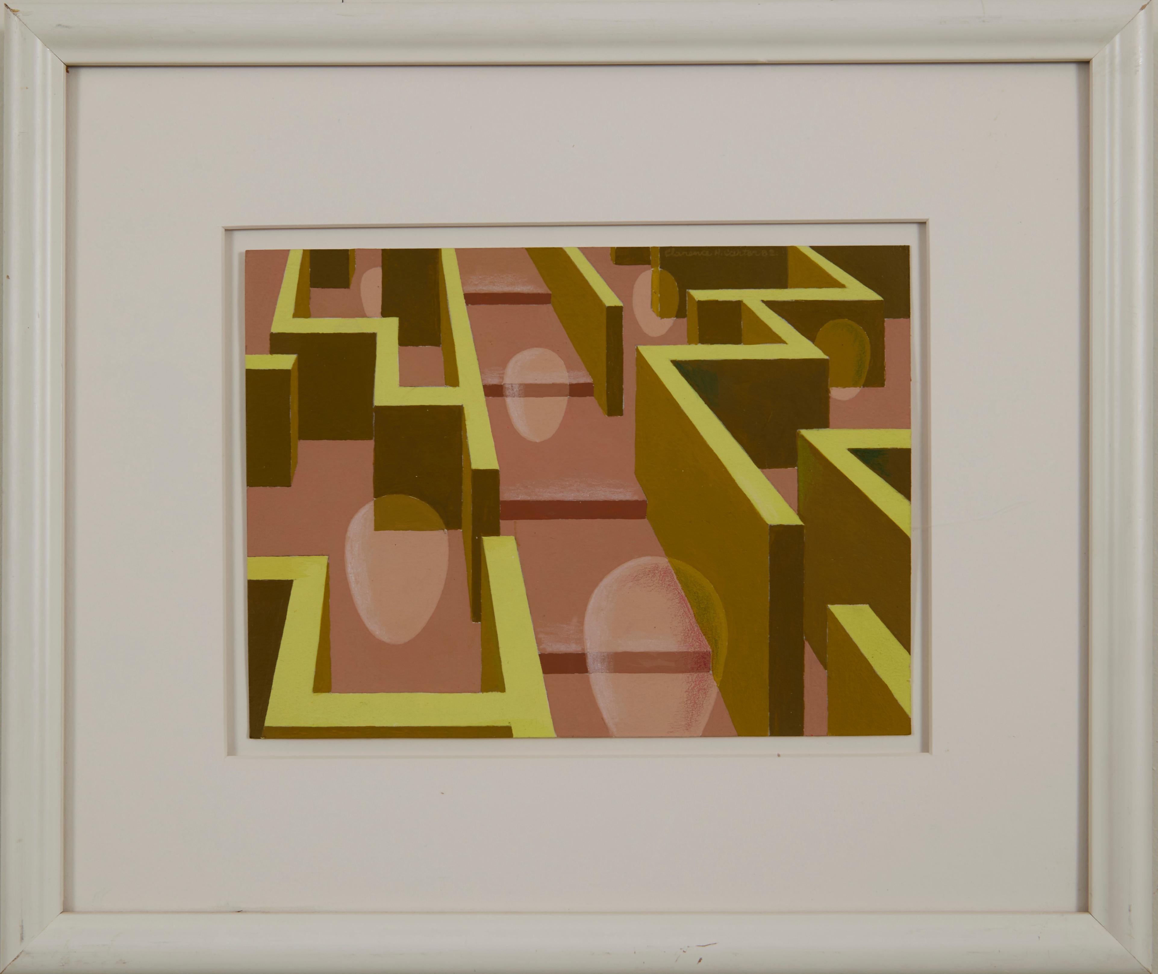 Maze, 20th Century Geometric Figurative Abstract Acrylic Painting - Brown Abstract Painting by Clarence Holbrook Carter