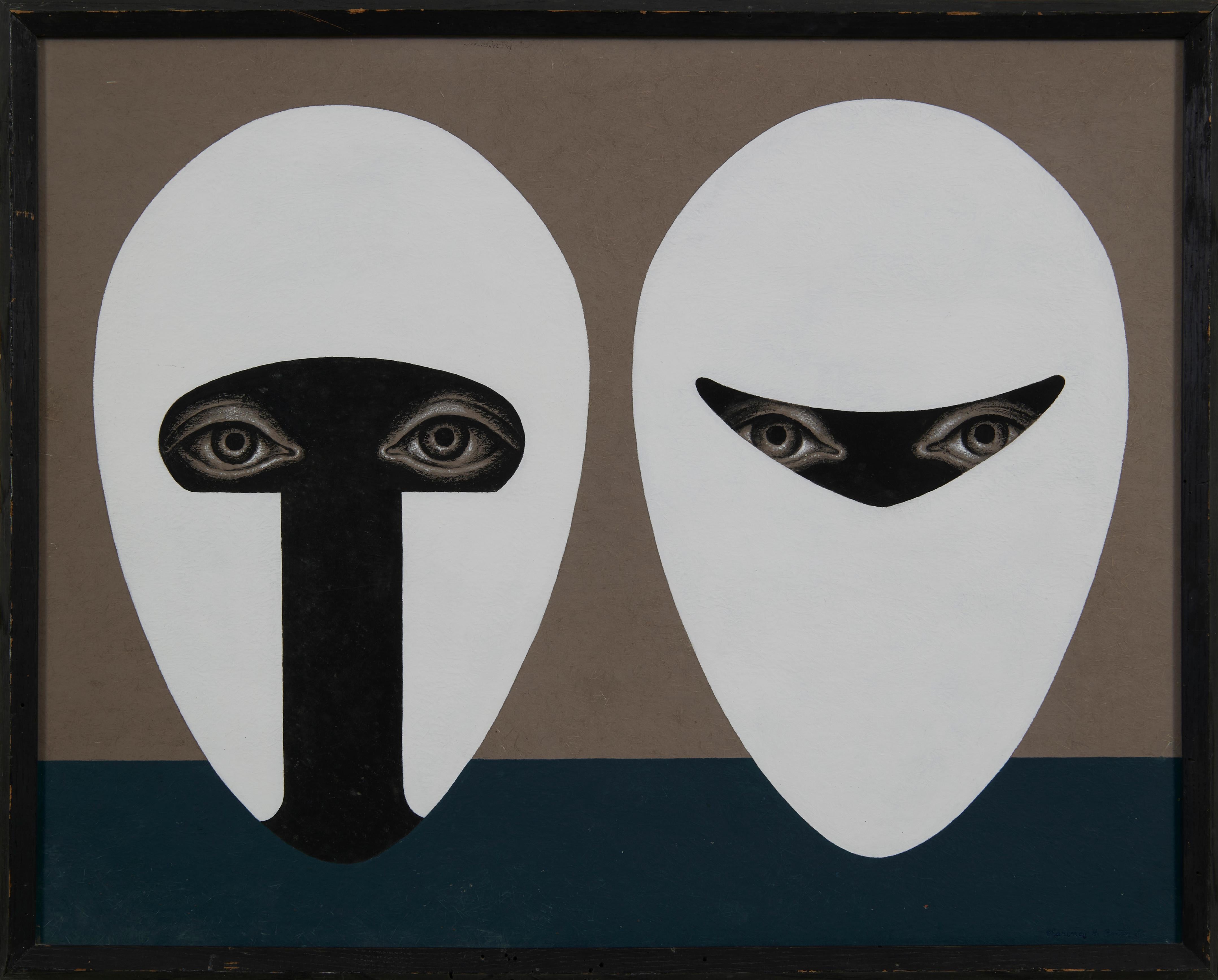 Medieval Heads, mid-century figural surrealist acrylic painting - Painting by Clarence Holbrook Carter