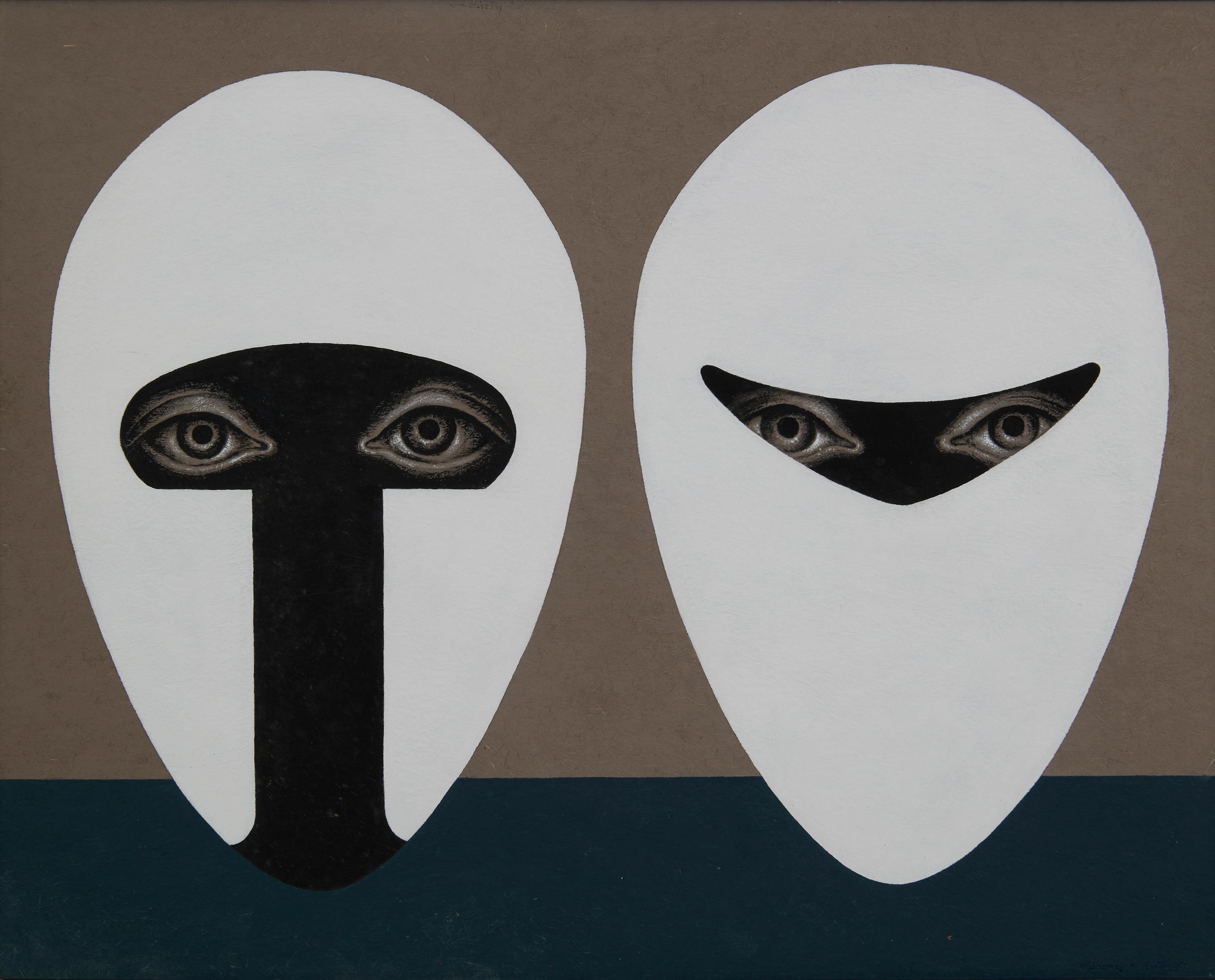 Teste medievali, dipinto acrilico surrealista figurato di metà secolo