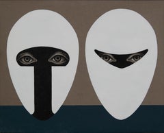 Teste medievali, dipinto acrilico surrealista figurato di metà secolo
