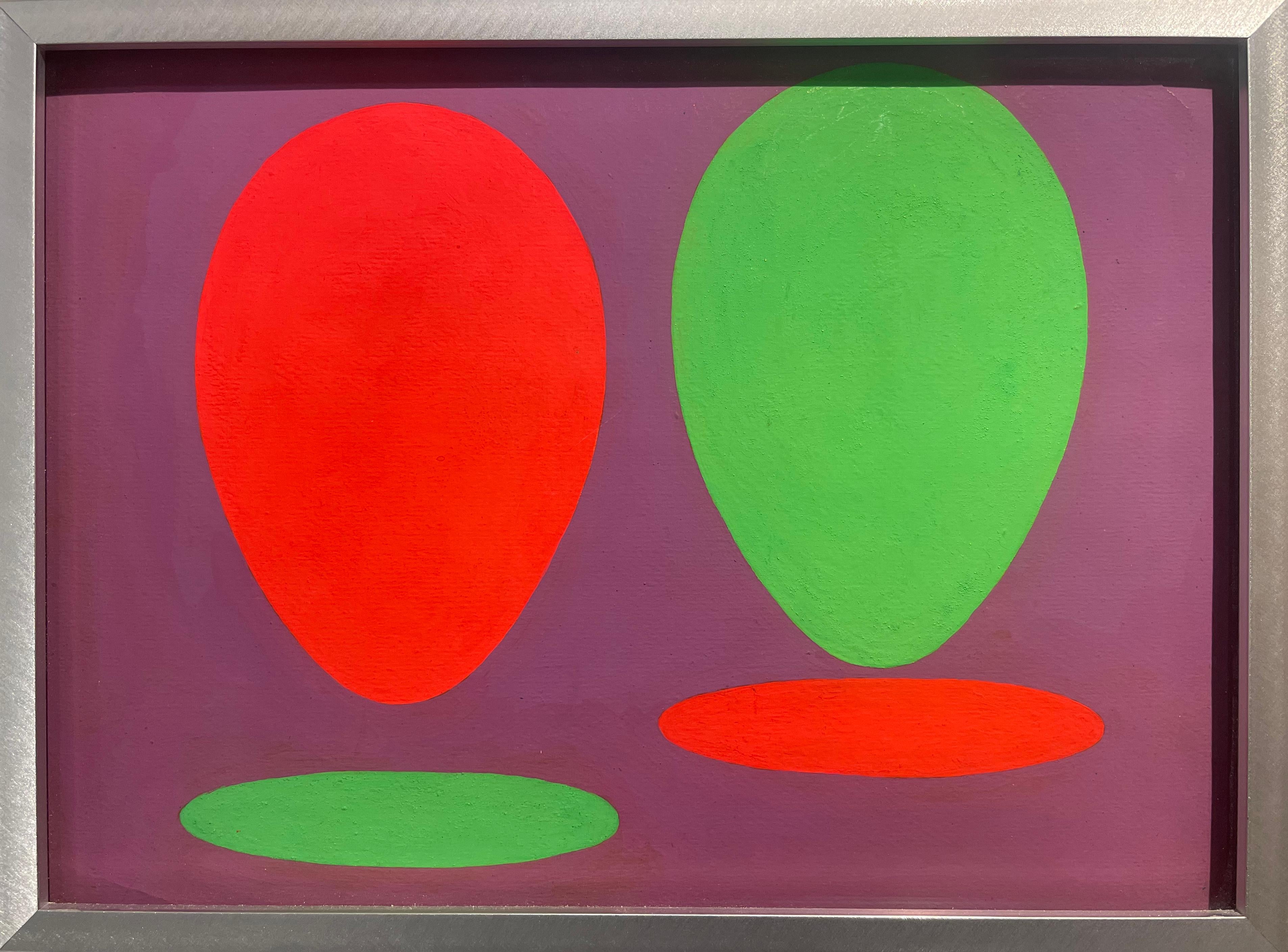 Neon Ovoids, Mid-Century Abstract neon orange, green, pink acrylic painting - Painting by Clarence Holbrook Carter