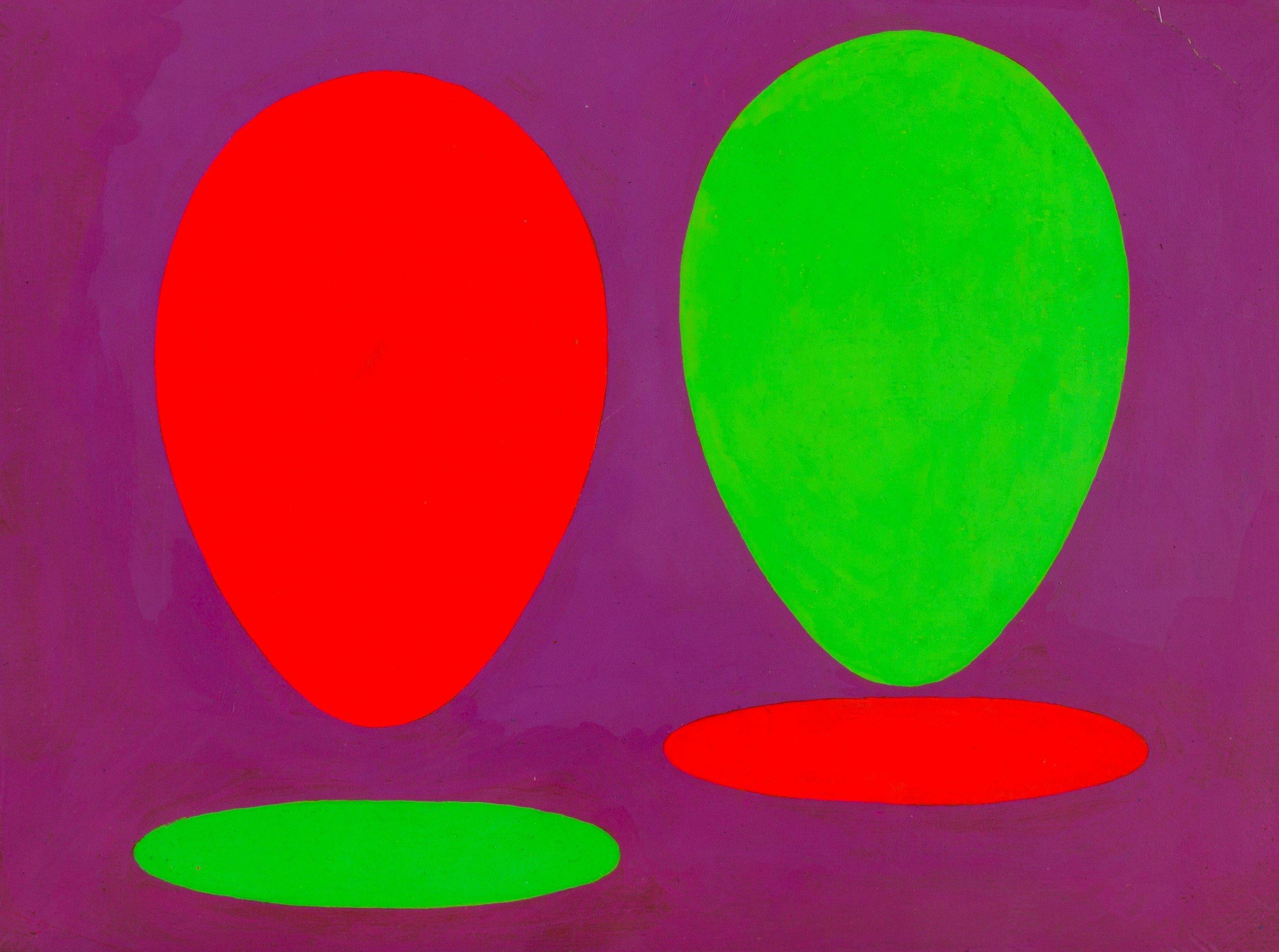 Clarence Holbrook Carter Abstract Painting – Neon Ovoids, Abstraktes Neon-Orange-, Grün- und Rosa-Acrylgemälde aus der Jahrhundertmitte