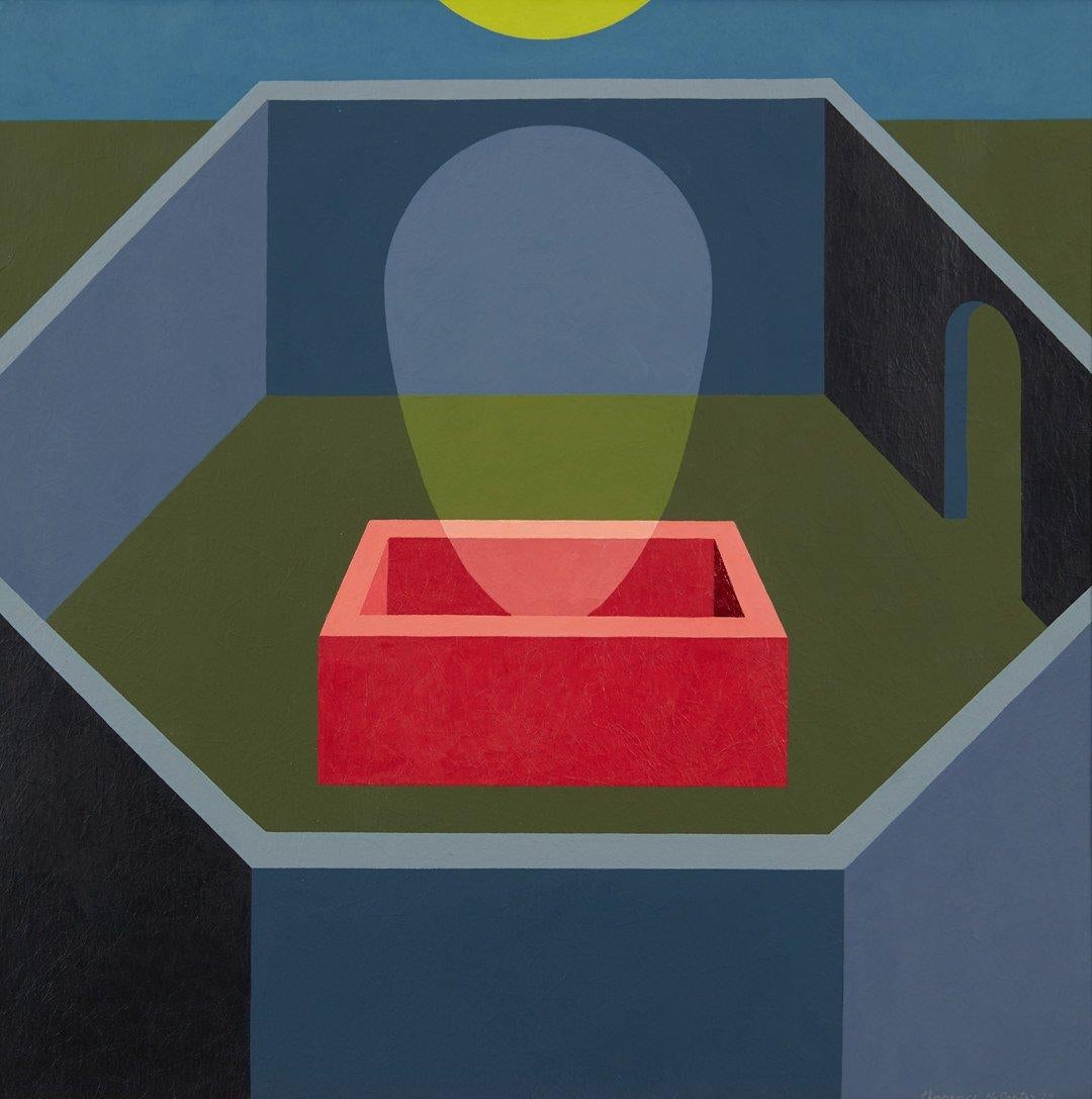 Abstract Painting de Clarence Holbrook Carter - Jardín nocturno, pintura acrílica surrealista figurativa de mediados de siglo, Escuela de Cleveland