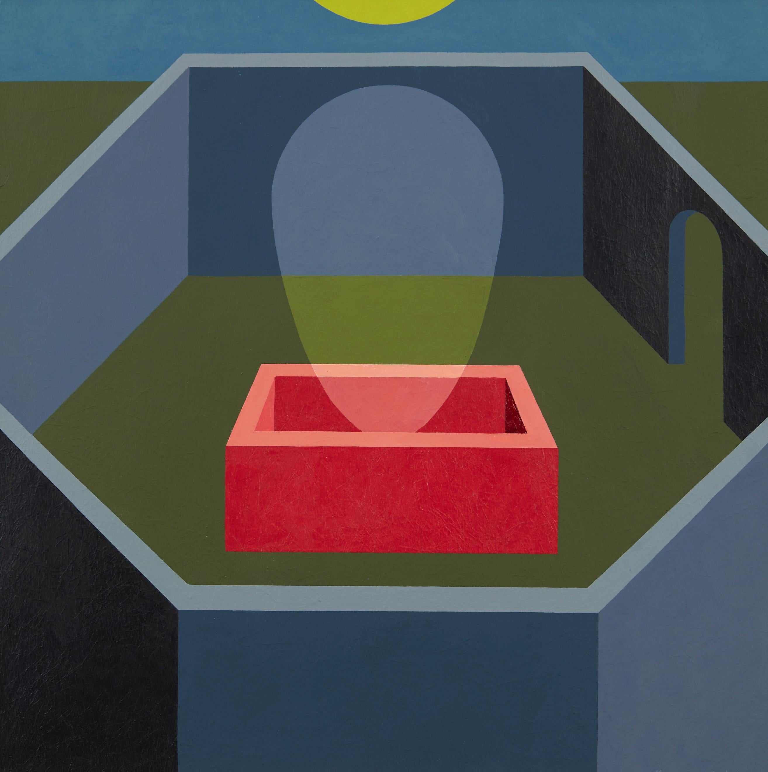 Nachtgarten, figurale surrealistische Acrylmalerei aus der Mitte des Jahrhunderts, Cleveland School