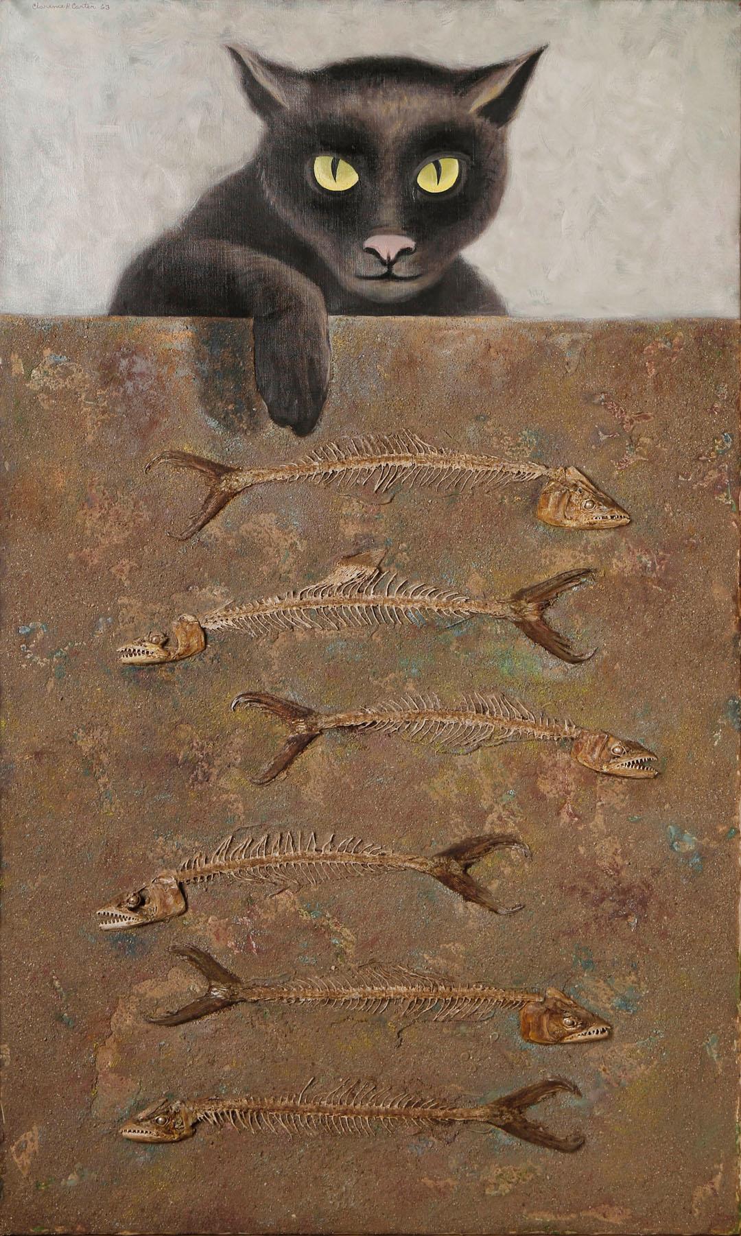 Over and Above : n° 6, chat surréaliste avec os de poissons, école de Cleveland du 20e siècle - Painting de Clarence Holbrook Carter