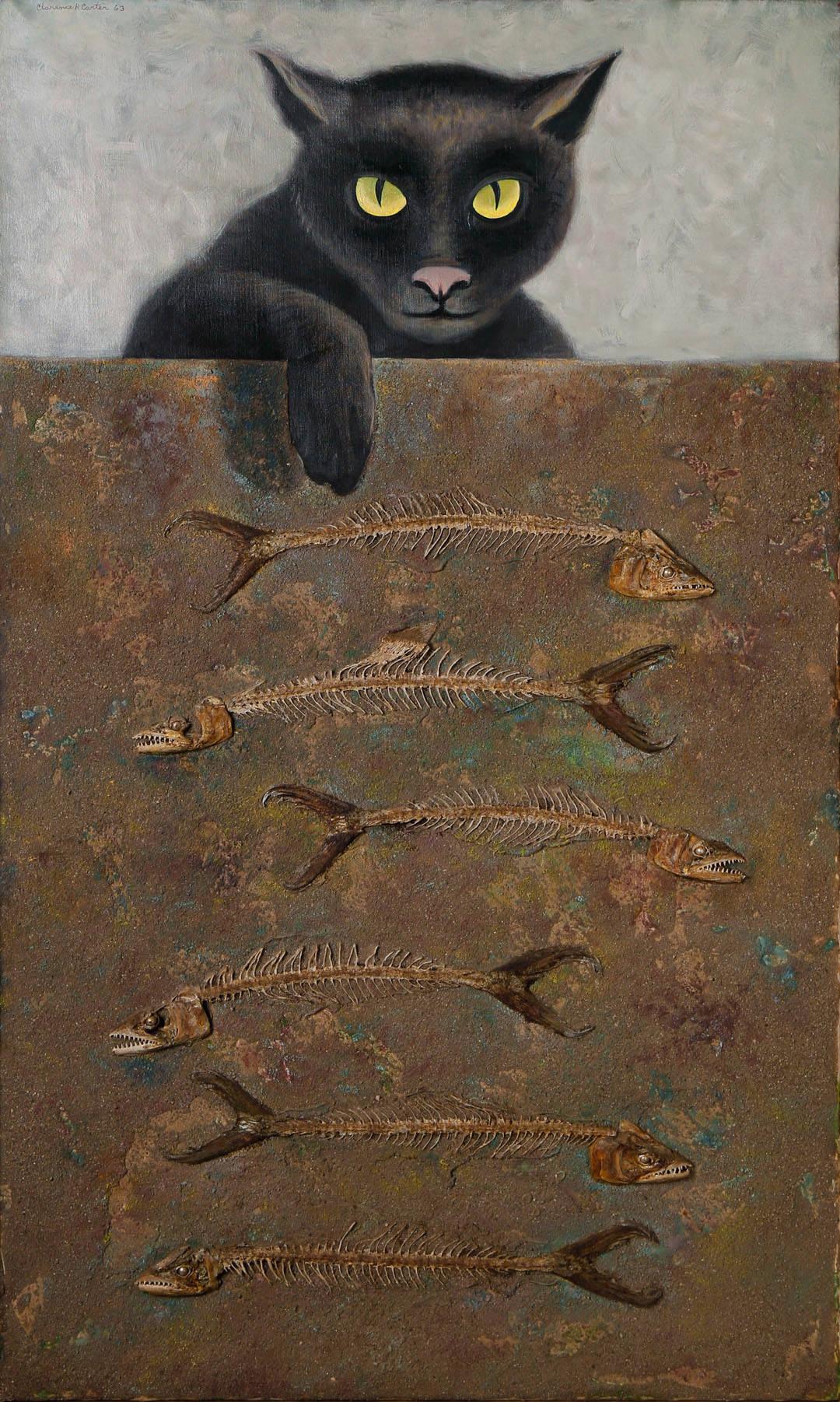 Over and Above : n° 6, chat surréaliste avec os de poissons, école de Cleveland du 20e siècle - Modernisme américain Painting par Clarence Holbrook Carter