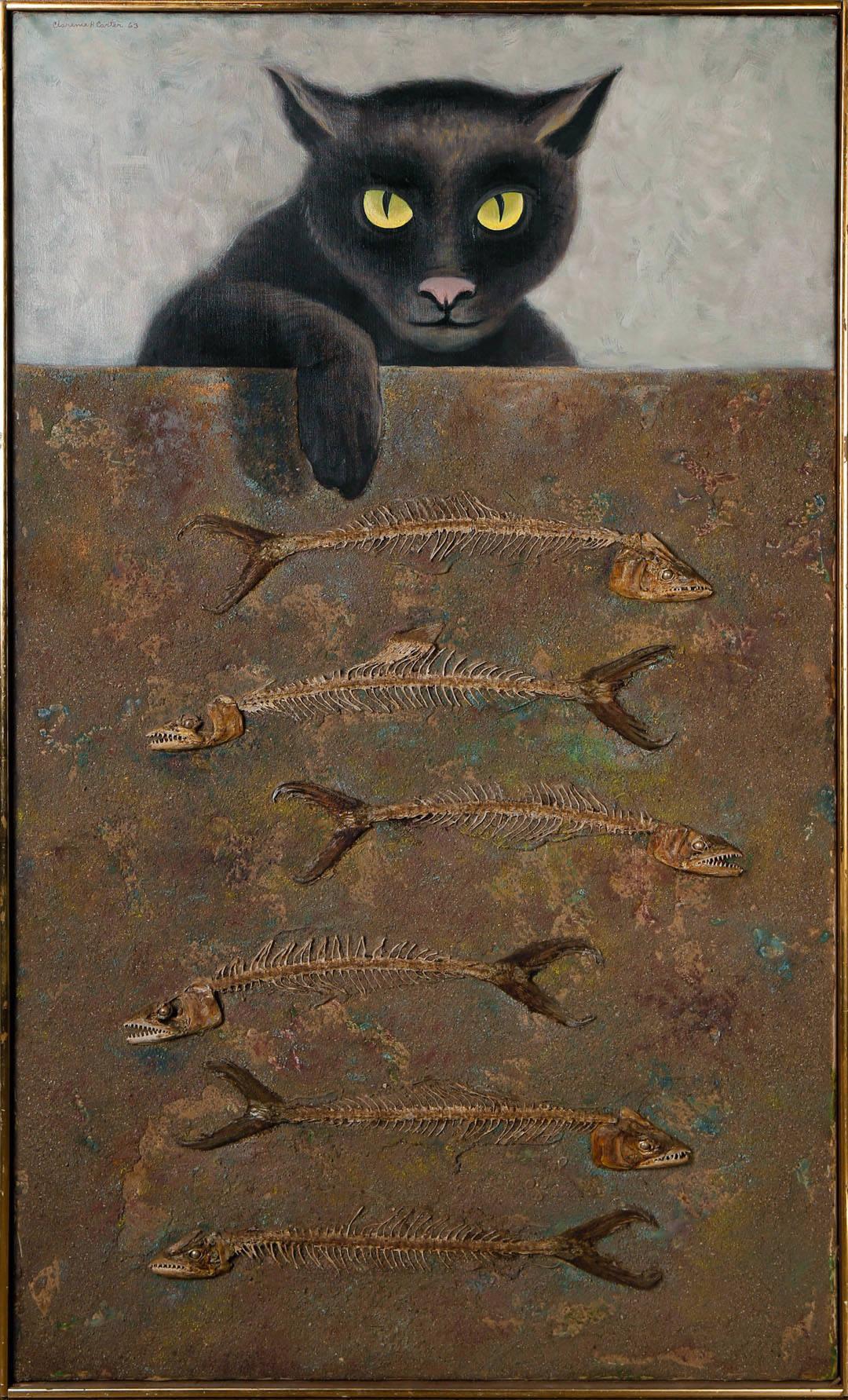 Animal Painting Clarence Holbrook Carter - Over and Above : n° 6, chat surréaliste avec os de poissons, école de Cleveland du 20e siècle