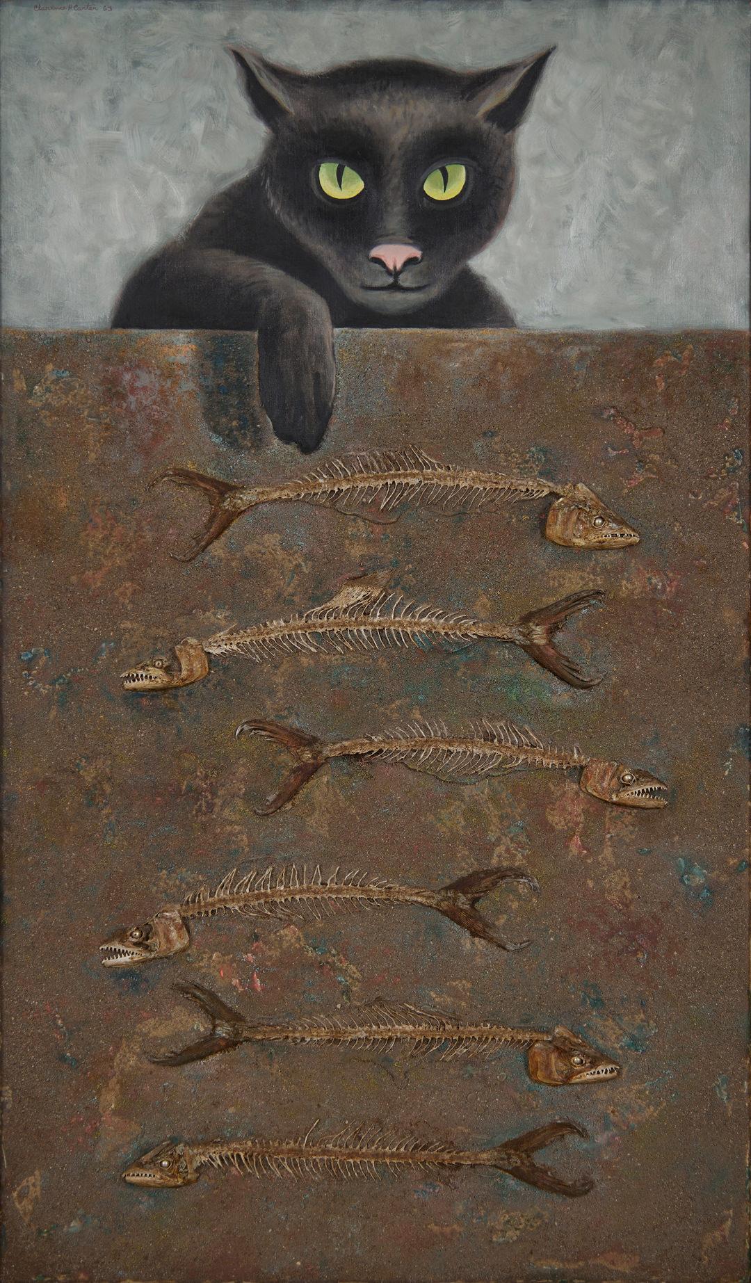 Animal Painting Clarence Holbrook Carter - Over and Above : n° 6, chat surréaliste avec os de poissons, école de Cleveland du 20e siècle