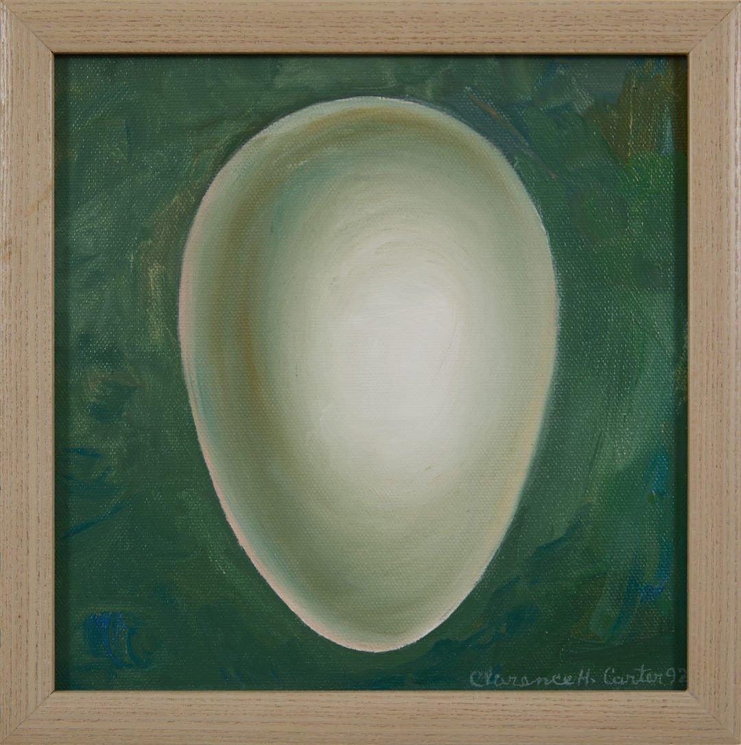 Ovoid, geometrical figural surrealist acrylic painting, Cleveland School artist - Painting by Clarence Holbrook Carter