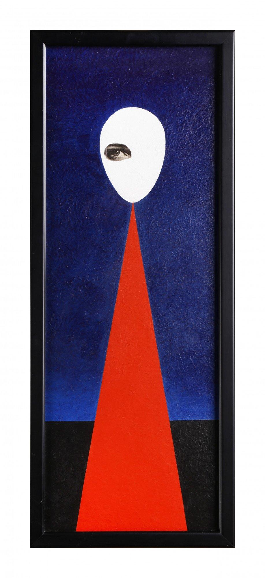 Surrealistische eifrmige Acrylmalerei, Blau & Rot, figurale abstrakte Collage – Painting von Clarence Holbrook Carter