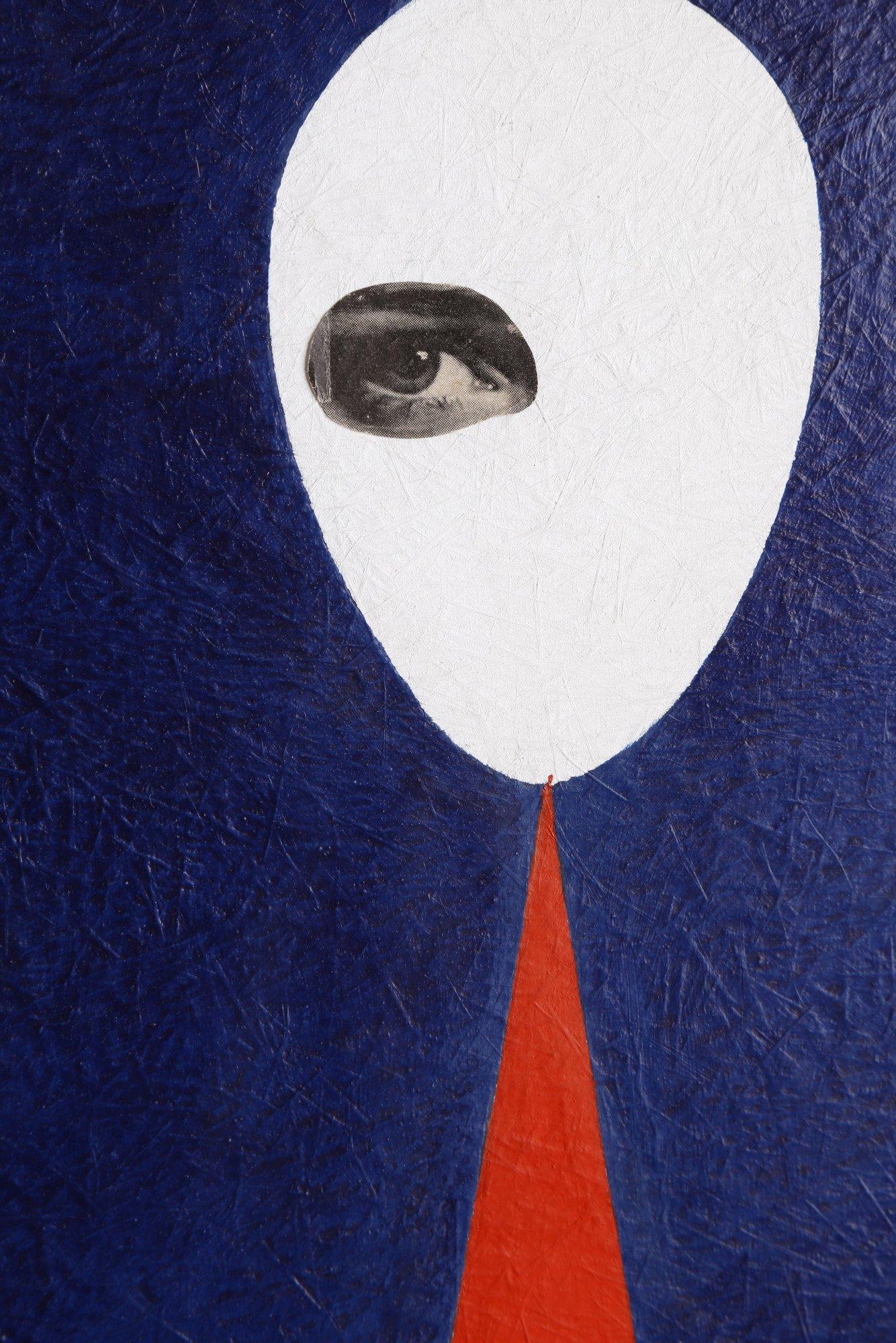 Surrealistische eifrmige Acrylmalerei, Blau & Rot, figurale abstrakte Collage (Amerikanische Moderne), Painting, von Clarence Holbrook Carter