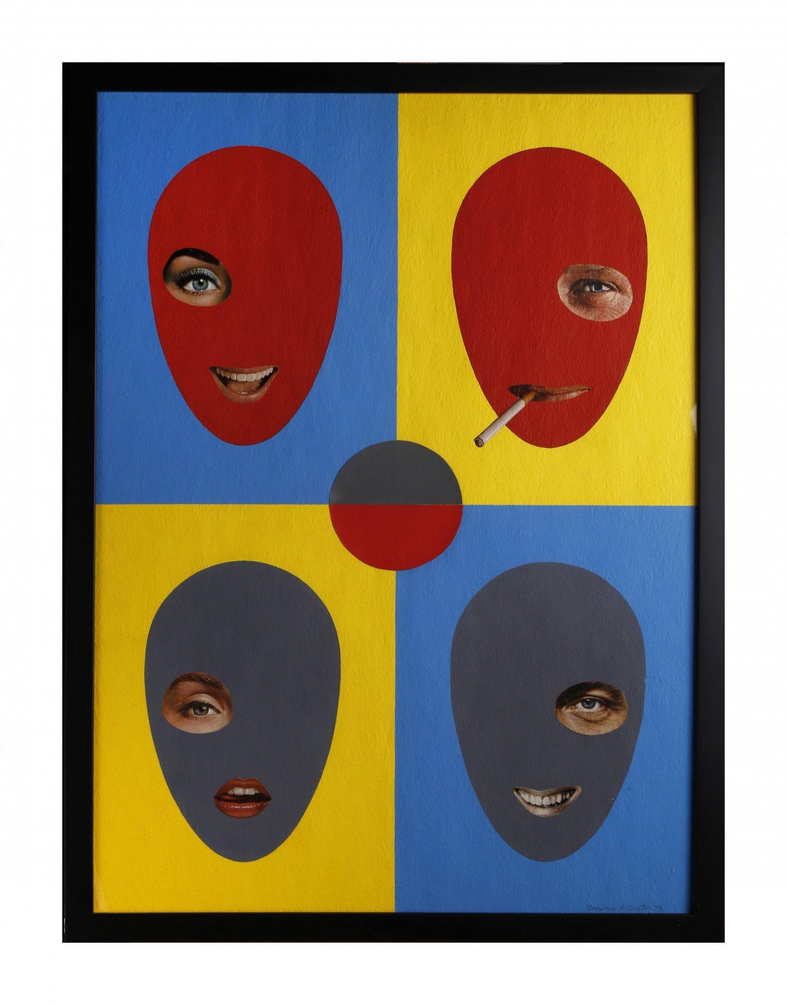 Quadratic, Mid-Century Ovoid Figural Abstract Acrylic & Collage with faces - Painting by Clarence Holbrook Carter