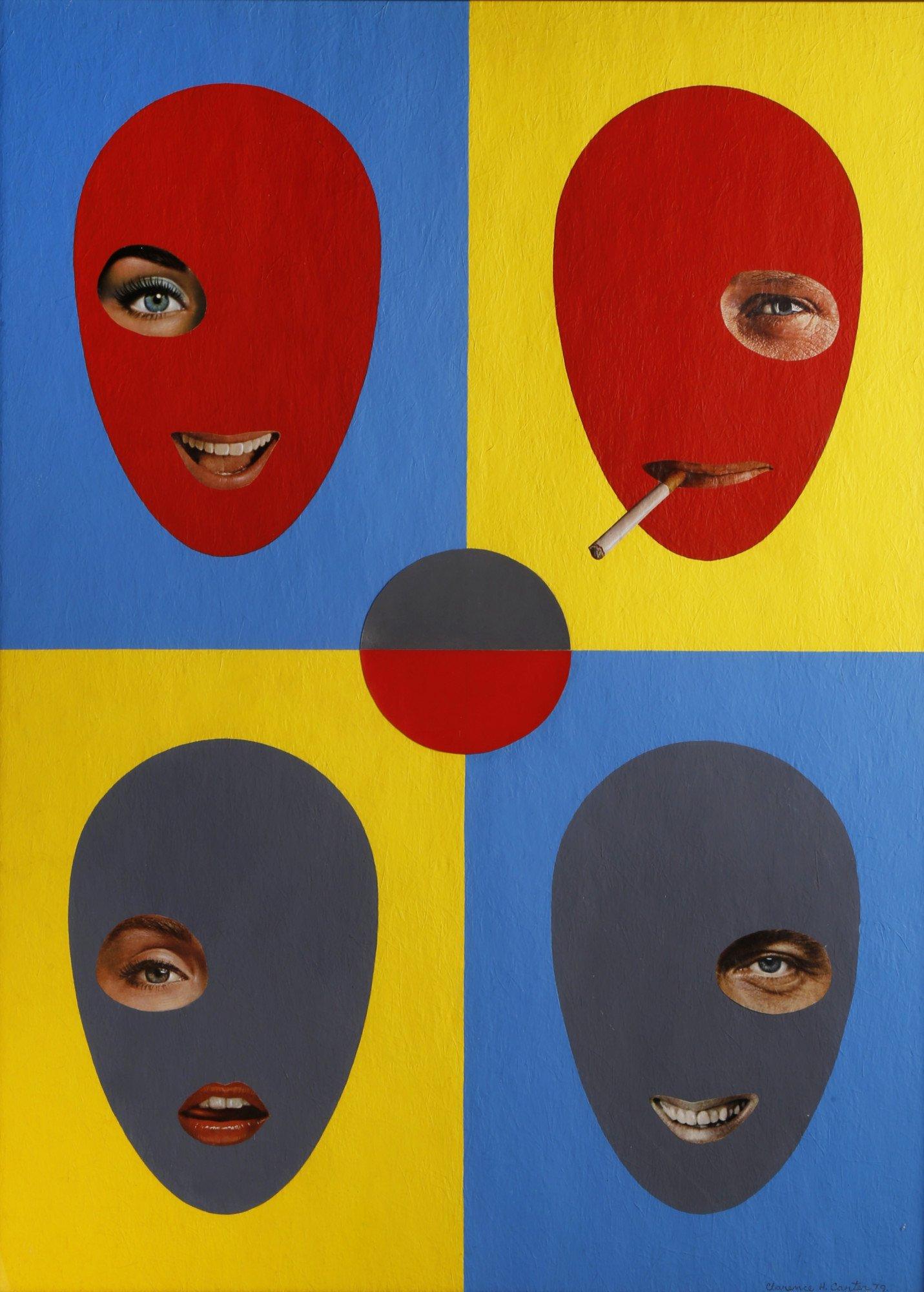 Clarence Holbrook Carter Figurative Painting - Quadratic, Mid-Century Ovoid Figural Abstract Acrylic & Collage with faces
