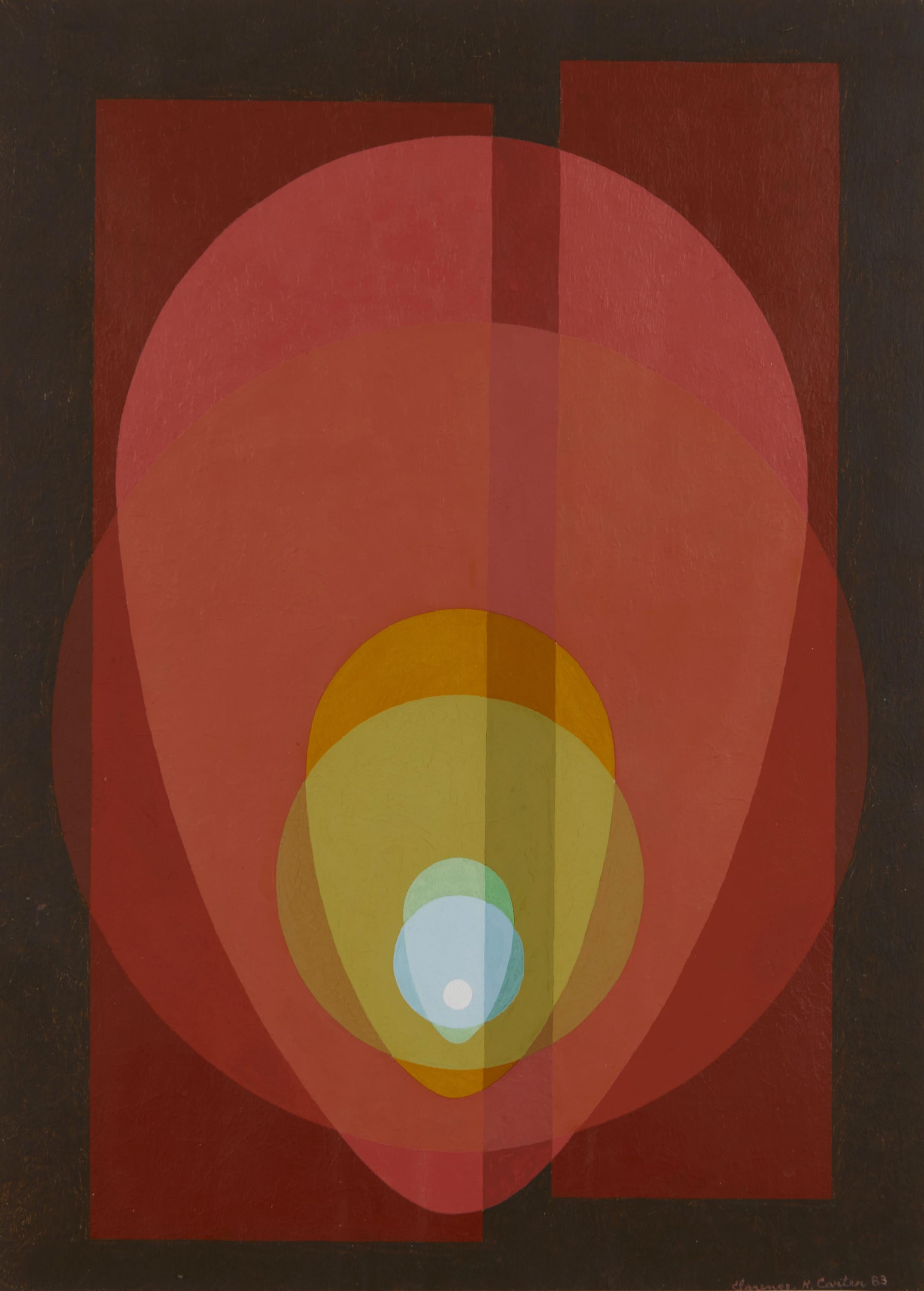Rainbow Mandala, Mid Century Abstract Red and Yellow Acrylic Painting