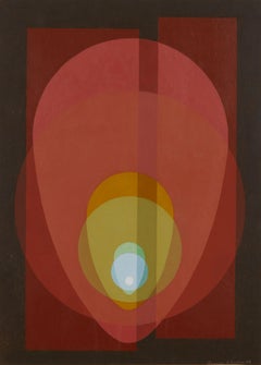 Mandala arc-en-ciel, peinture acrylique abstraite rouge et jaune du milieu du siècle dernier