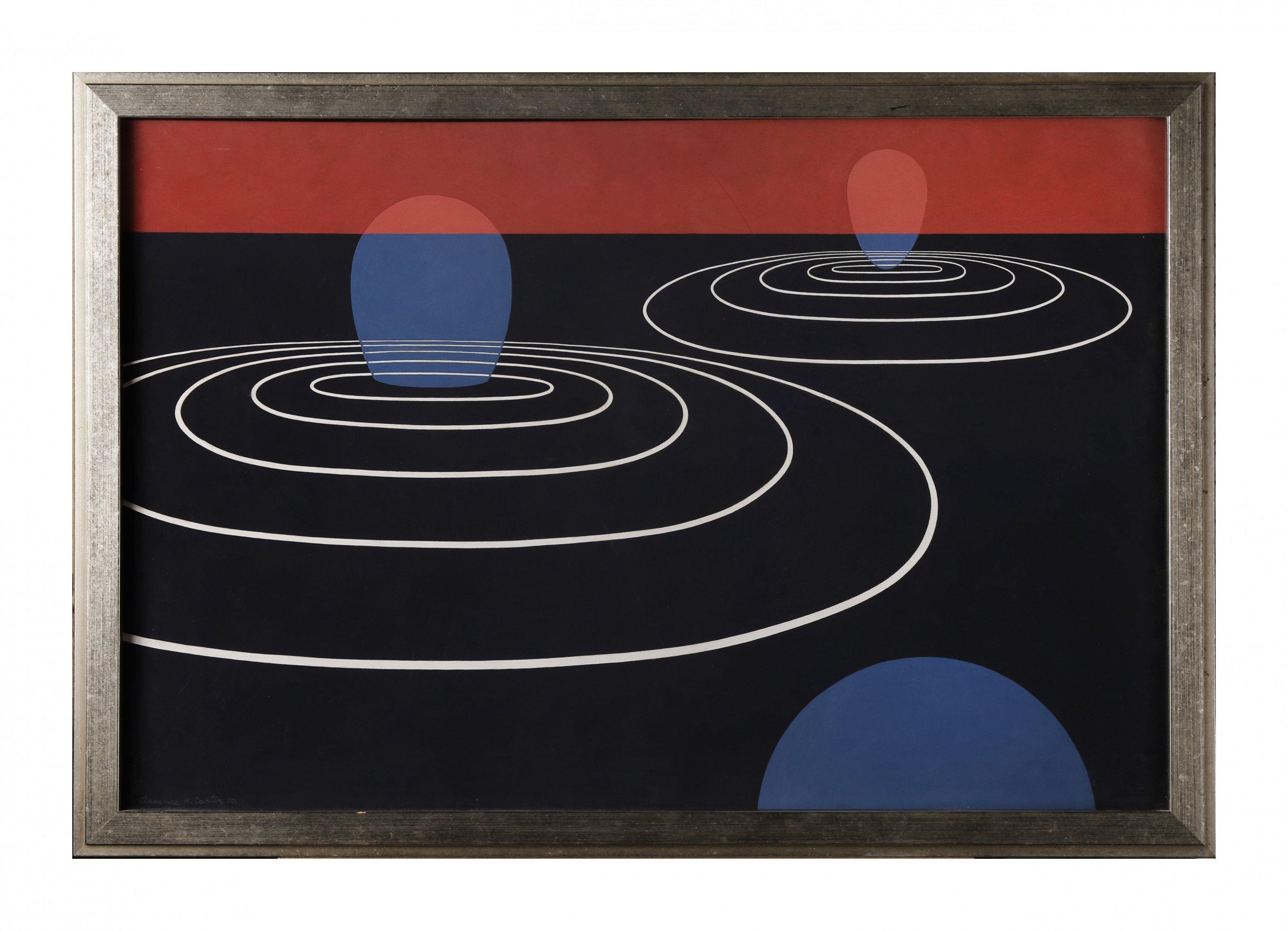 Reverberations, mid-century abstract surrealist black acrylic painting - Painting by Clarence Holbrook Carter