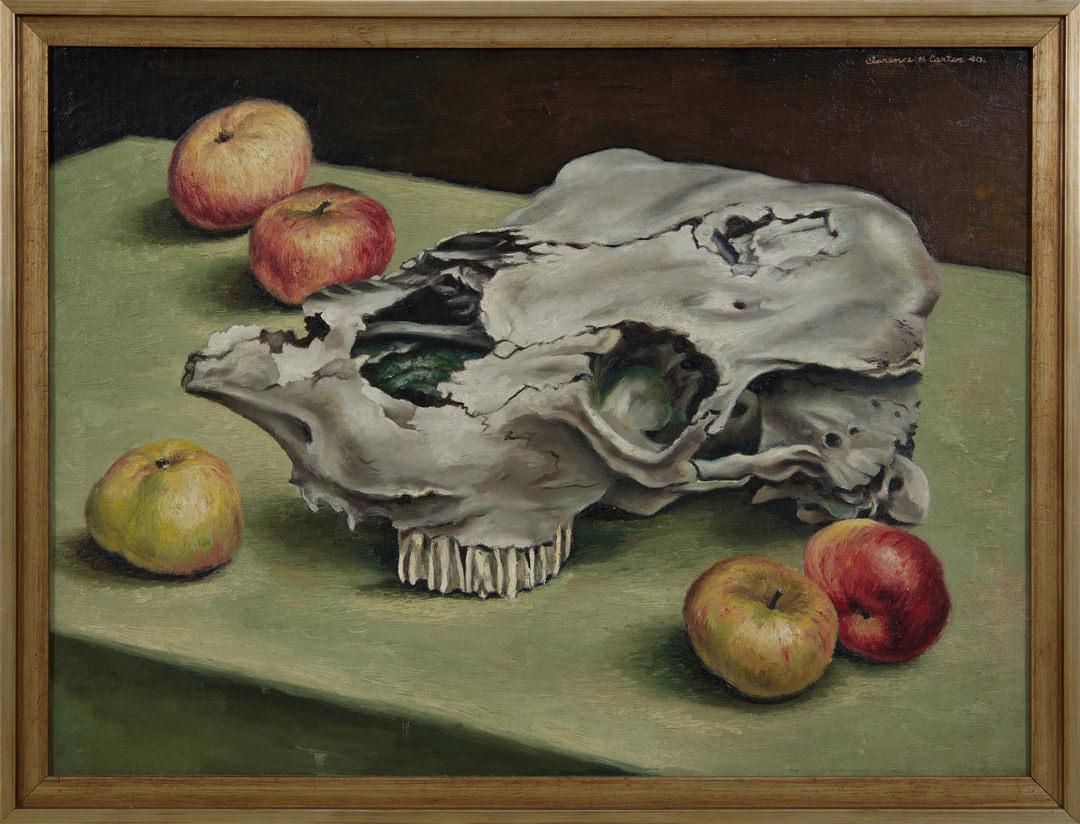 Stillleben mit pfeln und Totenkopf, figuratives lgemlde des Knstlers aus Ohio – Painting von Clarence Holbrook Carter