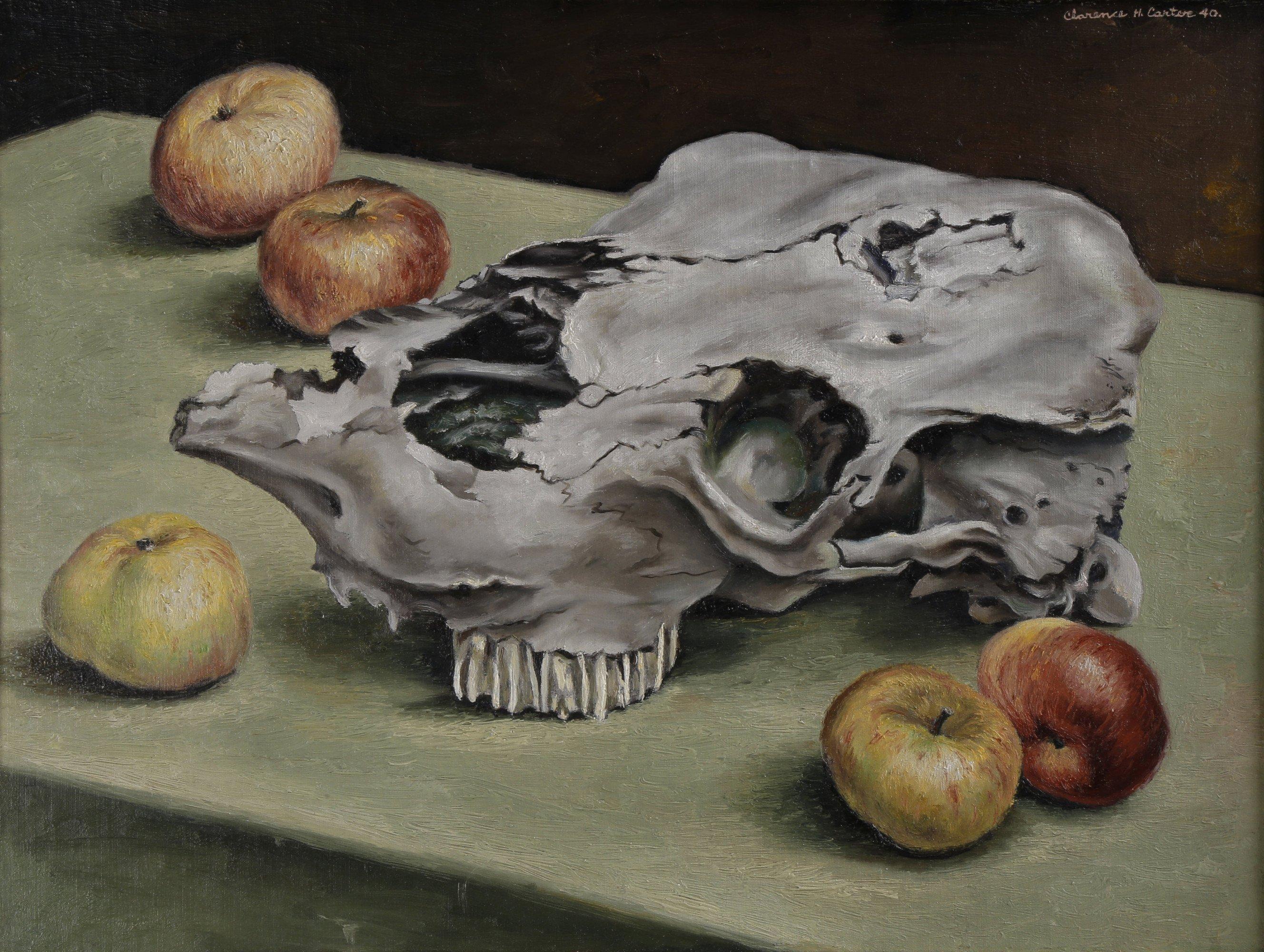 Nature morte avec pommes et crne, peinture  l'huile figurative d'un artiste de l'Ohio