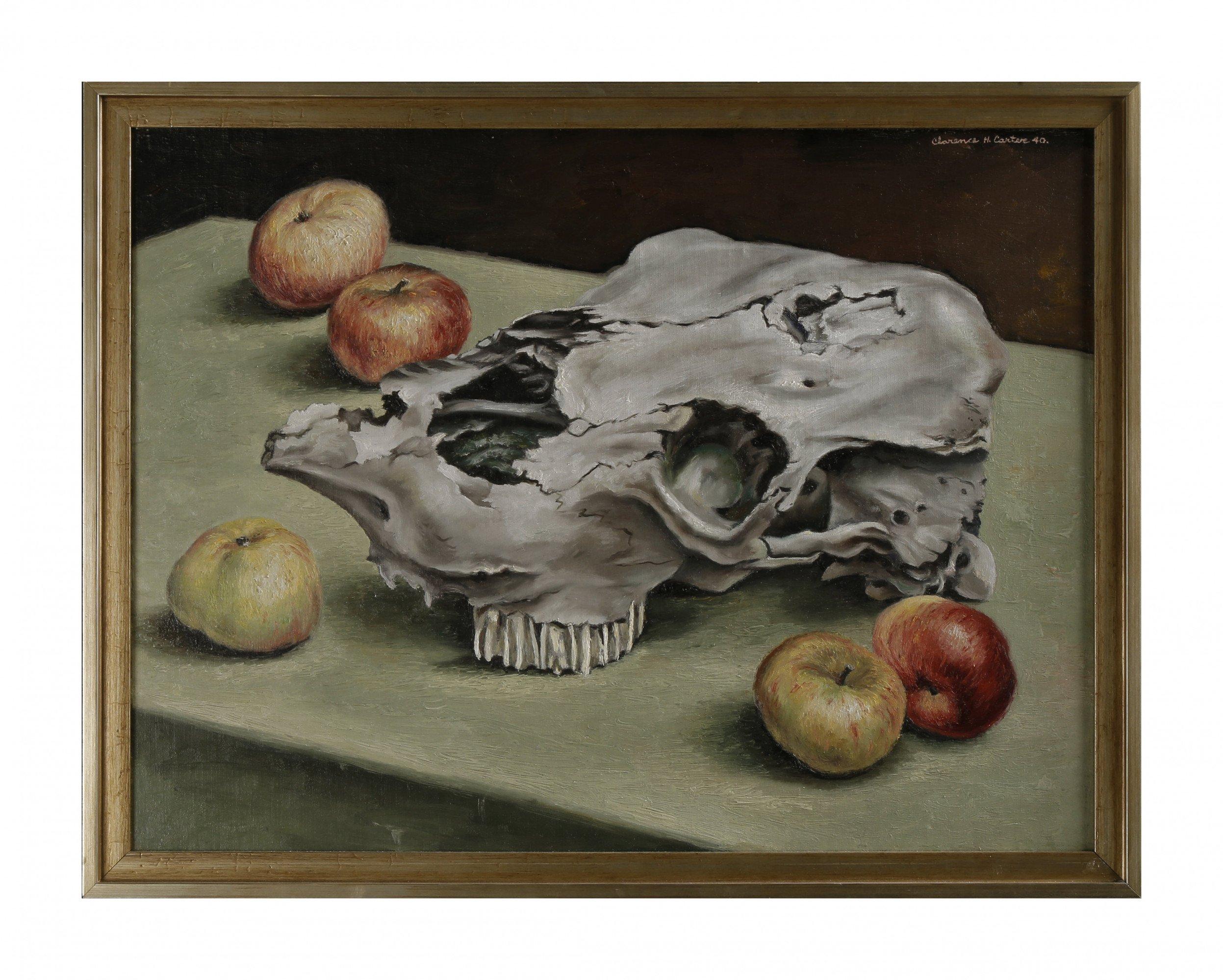 Surrealist Still Life with Apples, Mid 20th Century Cleveland School Artist - Painting by Clarence Holbrook Carter