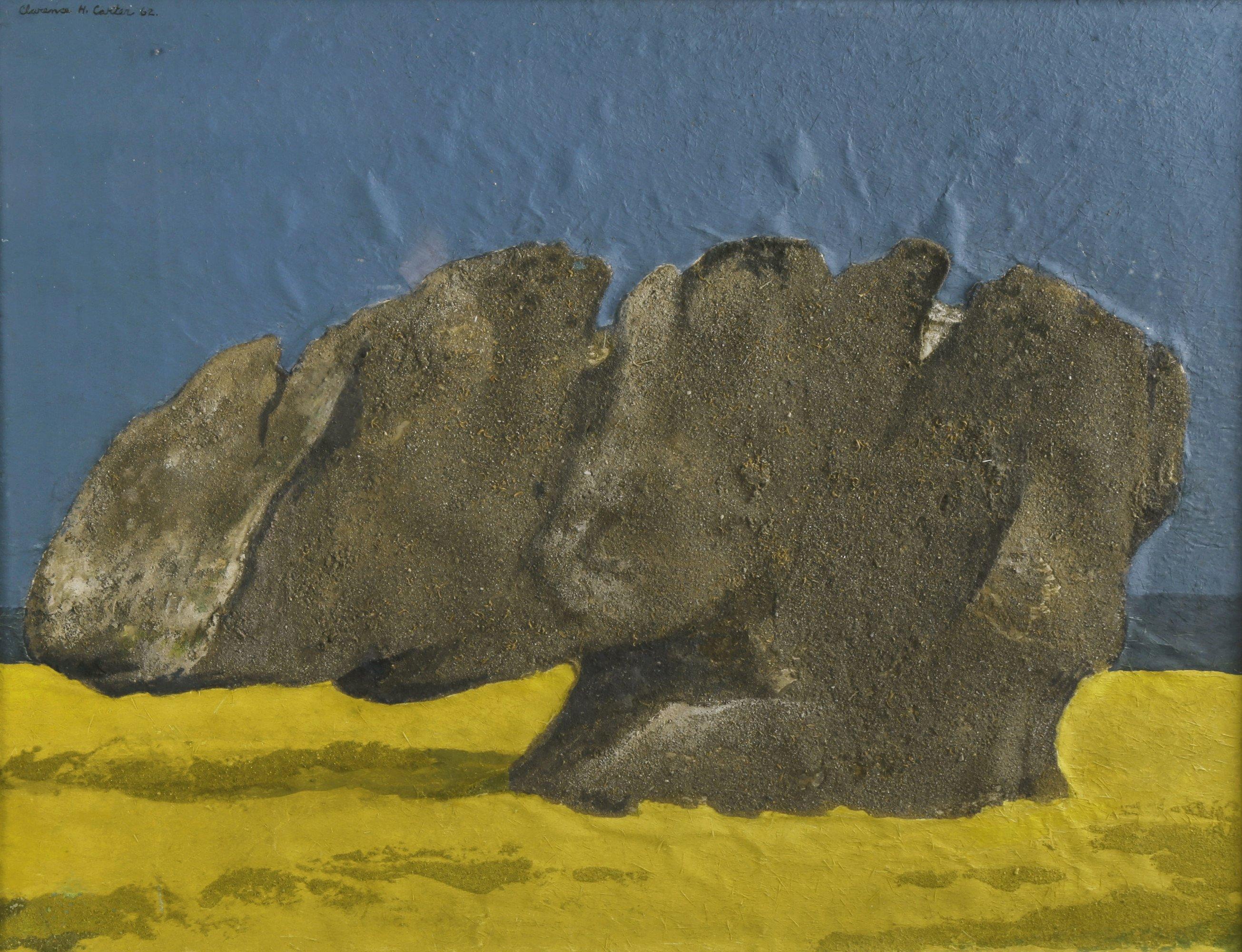 Clarence Holbrook Carter Abstract Painting – Terror of History No. 1, Abstraktes Acryl und Sand, Blau und Gelb, Mitte des Jahrhunderts 