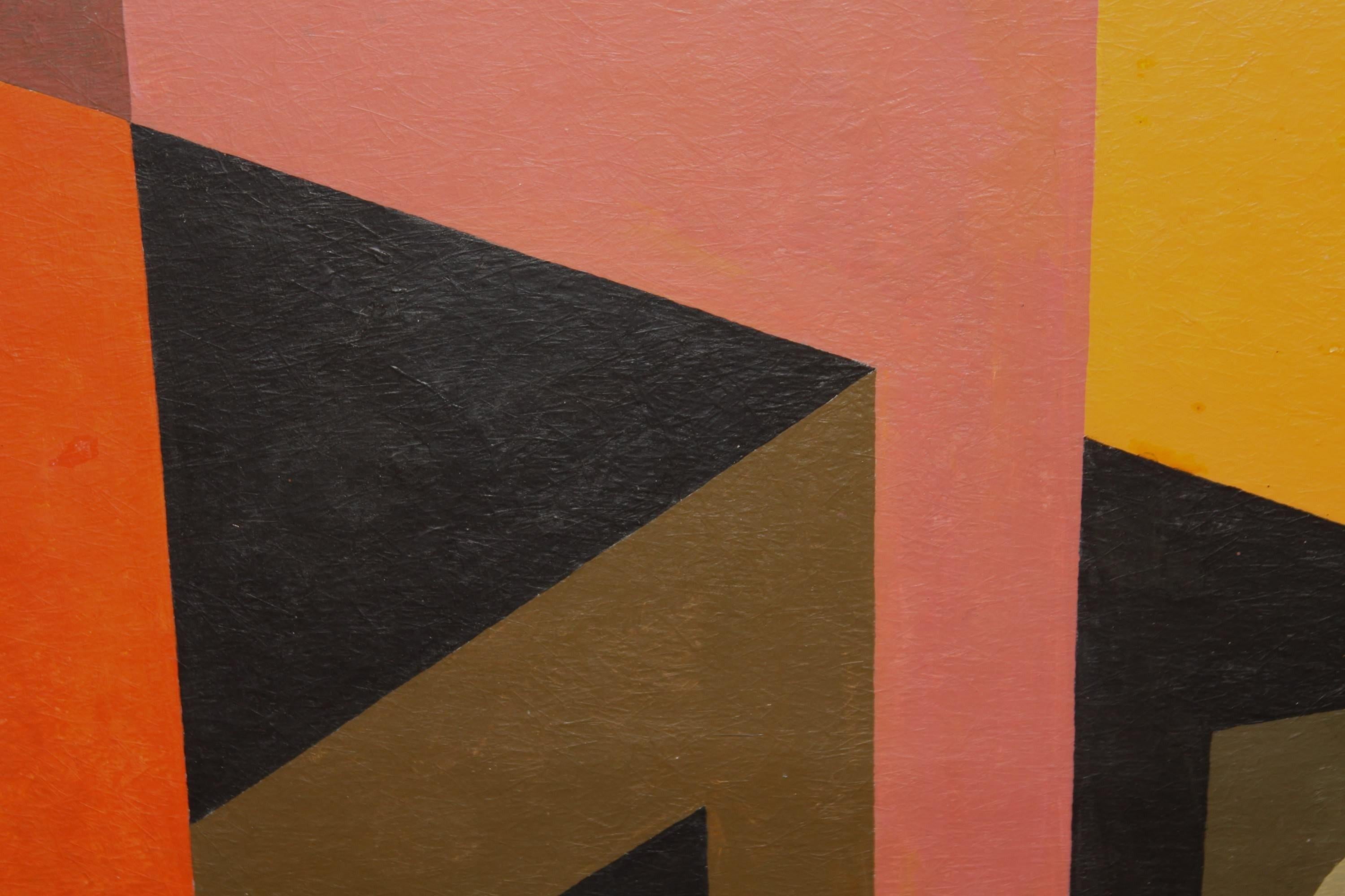 La via d'uscita, pittura acrilica astratta figurale geometrica arancione vibrante - Figurative Painting Nero di Clarence Holbrook Carter