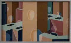 Trasfezione con forme architettoniche, acrilico geometrico figurativo astratto