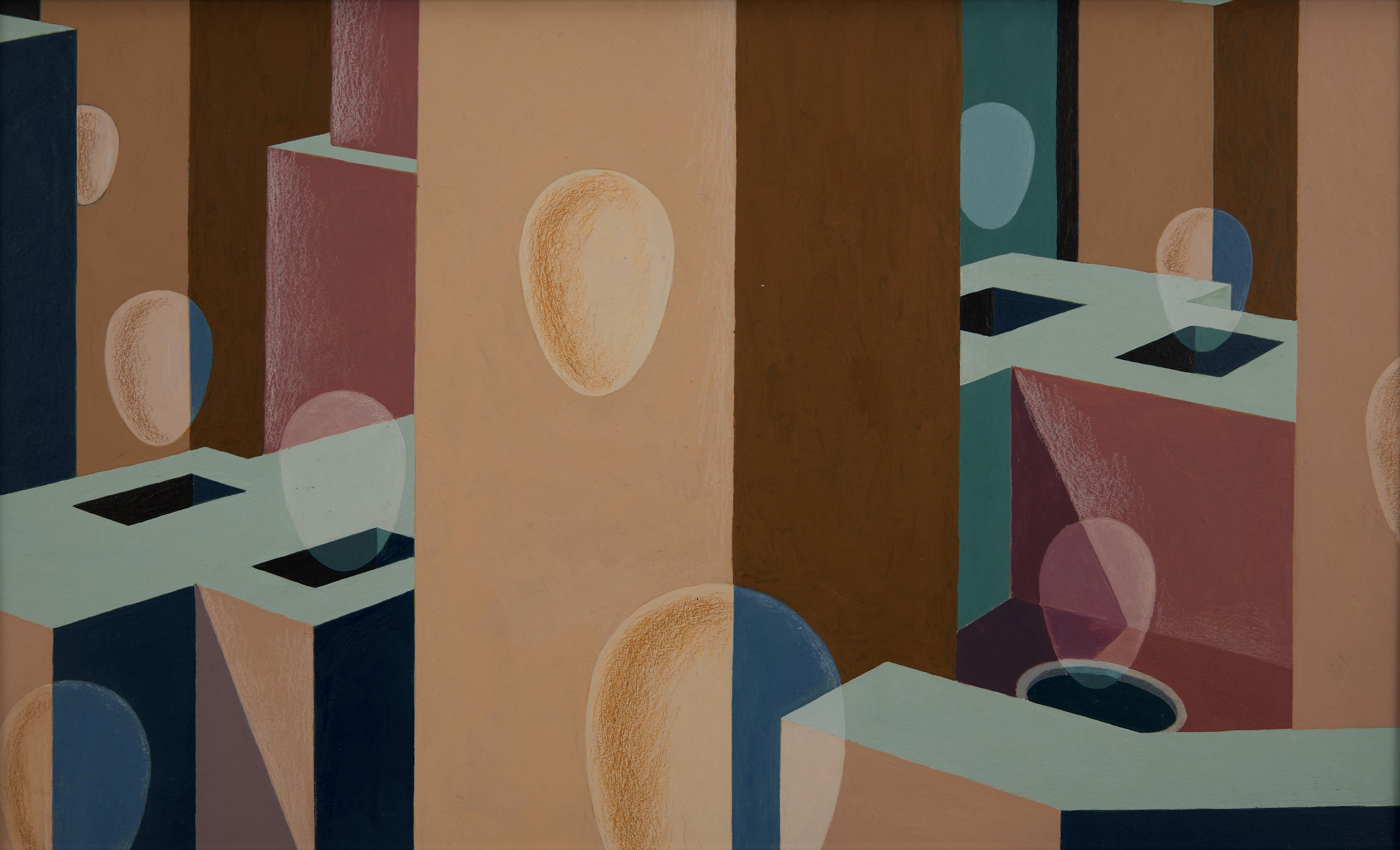 Trasfezione con forme architettoniche, acrilico geometrico figurativo astratto
