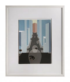 Up the Avenue, Geometrical Ovoid Abstract Acrylic & Collage Cityscape