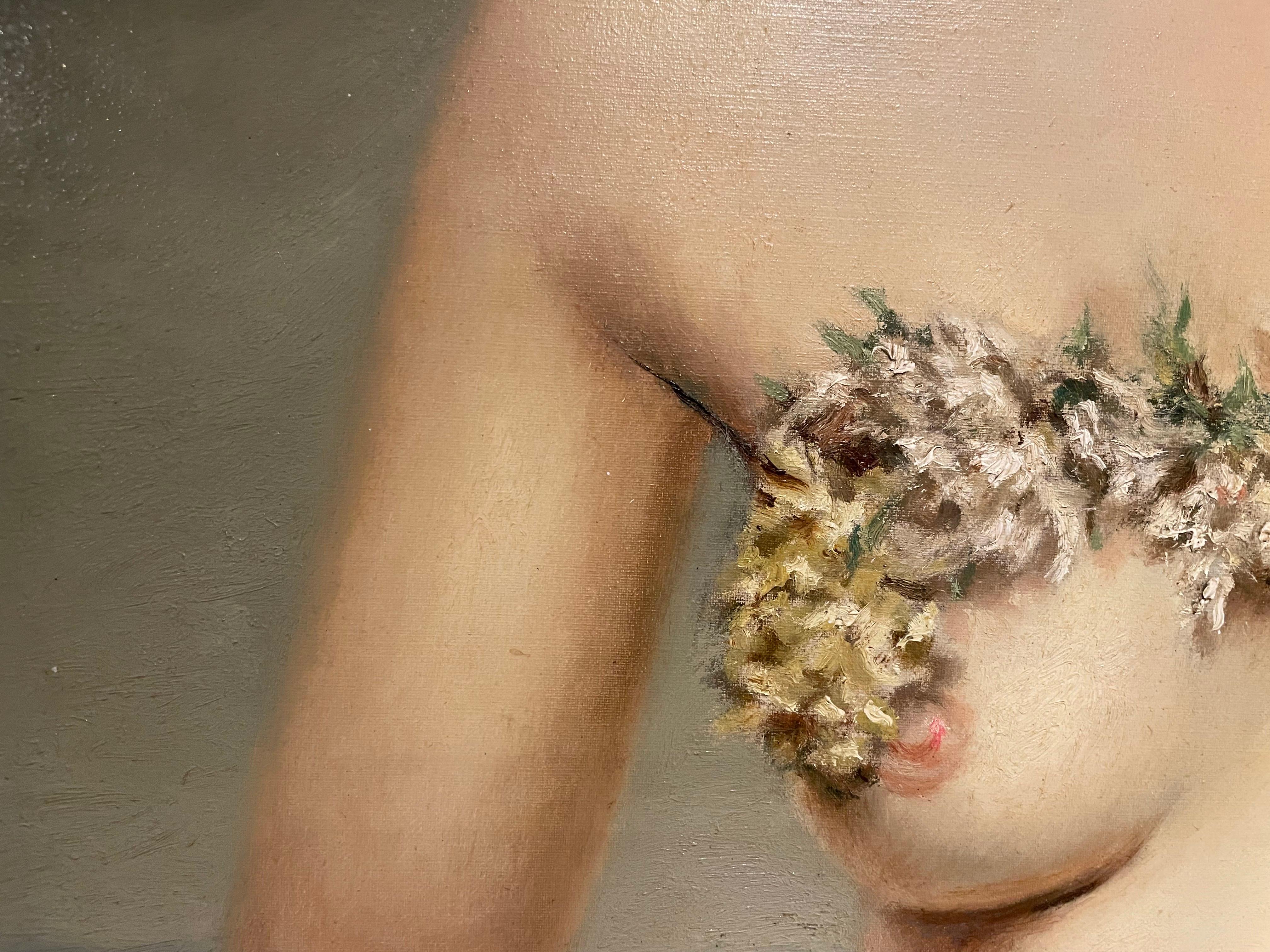 Venus, gran cuadro del siglo XX de mujer desnuda con guirnalda en venta 5