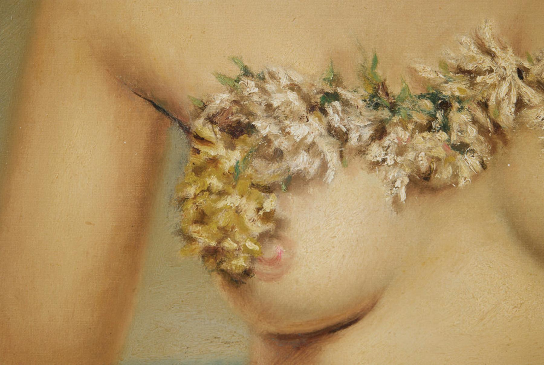Venus, Large 20th Century Painting of Nude Woman w/ Garland For Sale 1