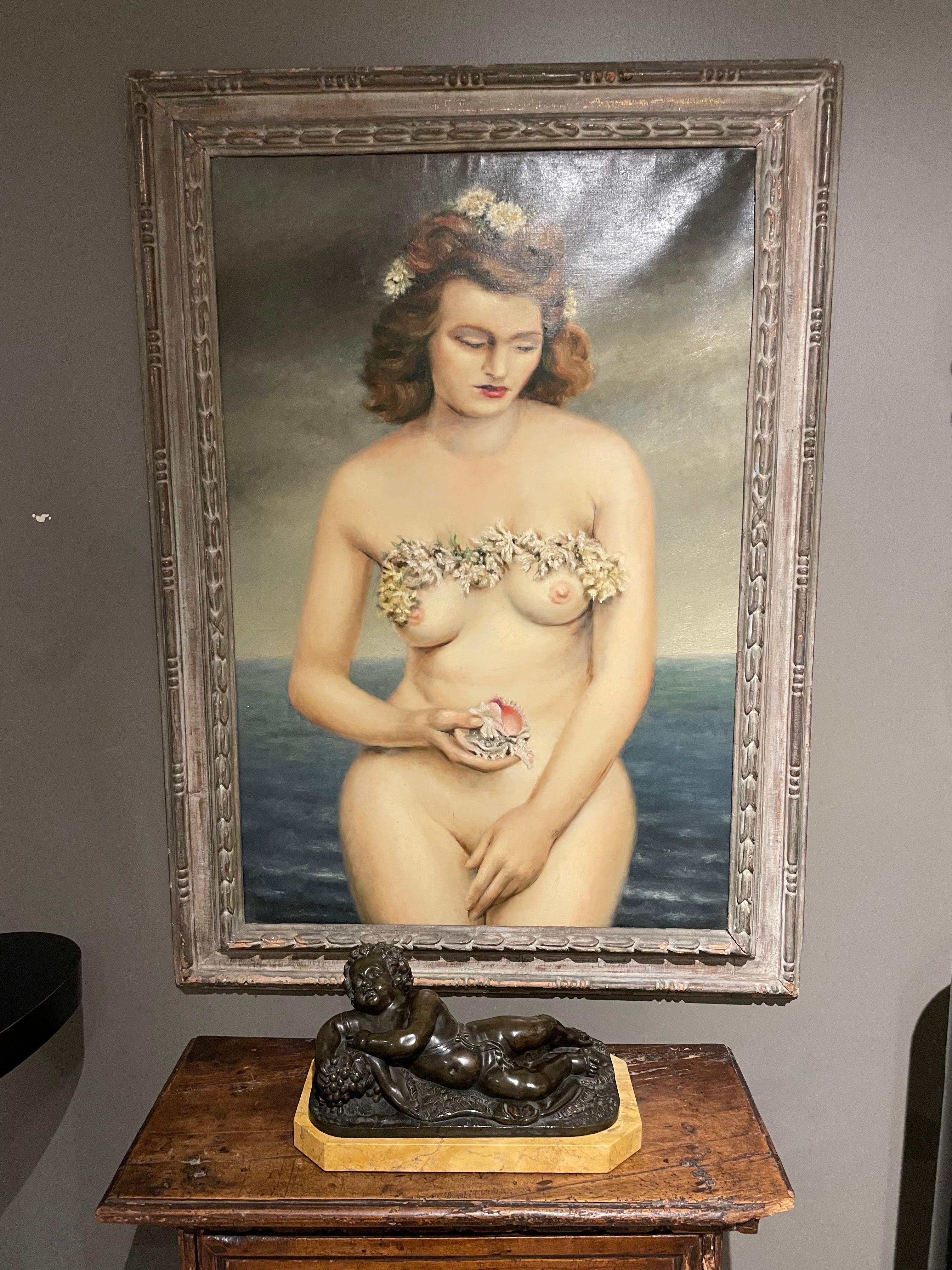 Venus, gran cuadro del siglo XX de mujer desnuda con guirnalda en venta 2