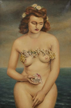 Venus, Large 20th Century Painting of Nude Woman w/ Garland