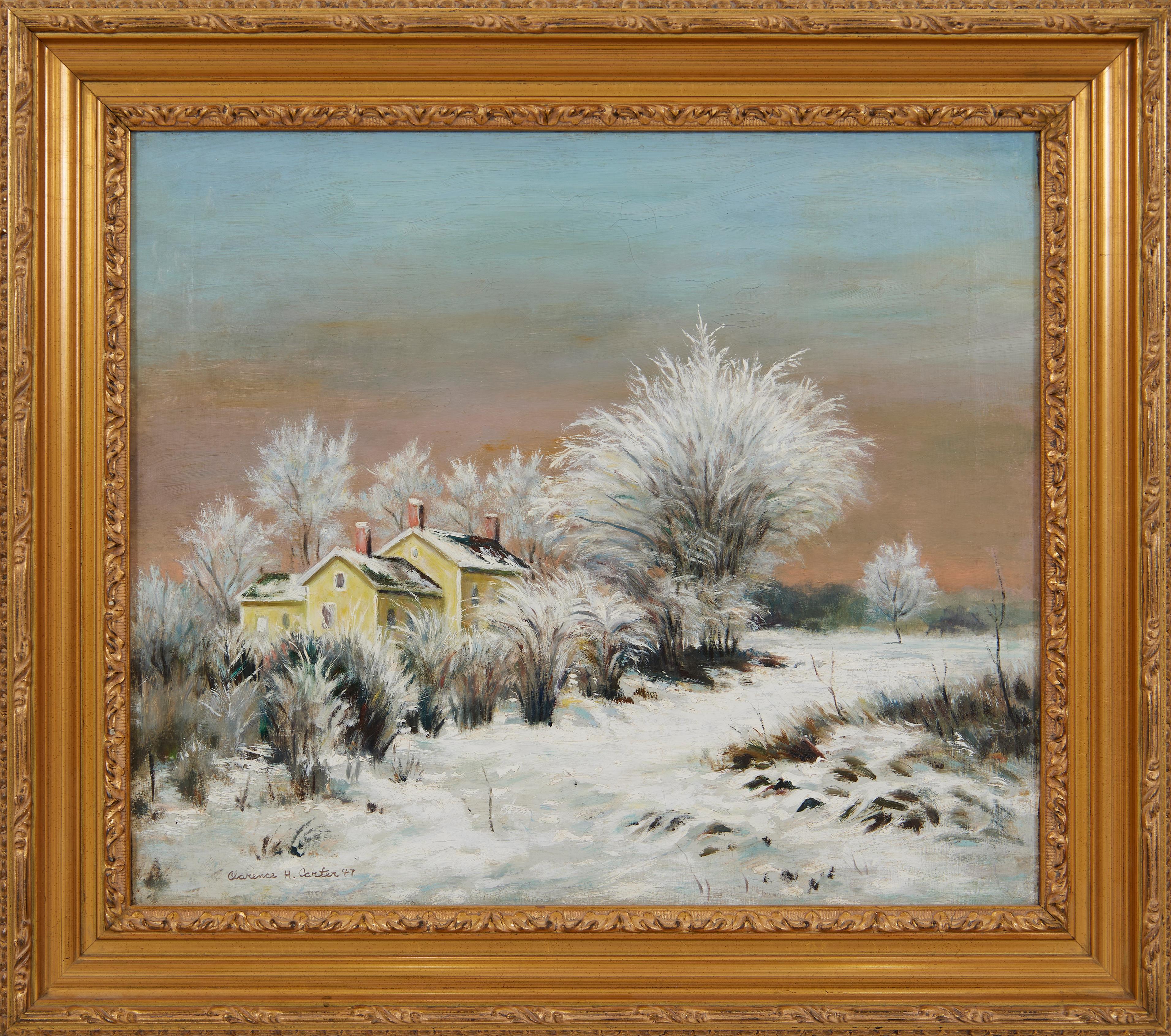 Clarence Holbrook Carter Landscape Painting – Winterlandschaft mit Haus und Feld, Mitte des 20. Jahrhunderts Cleveland School Artist