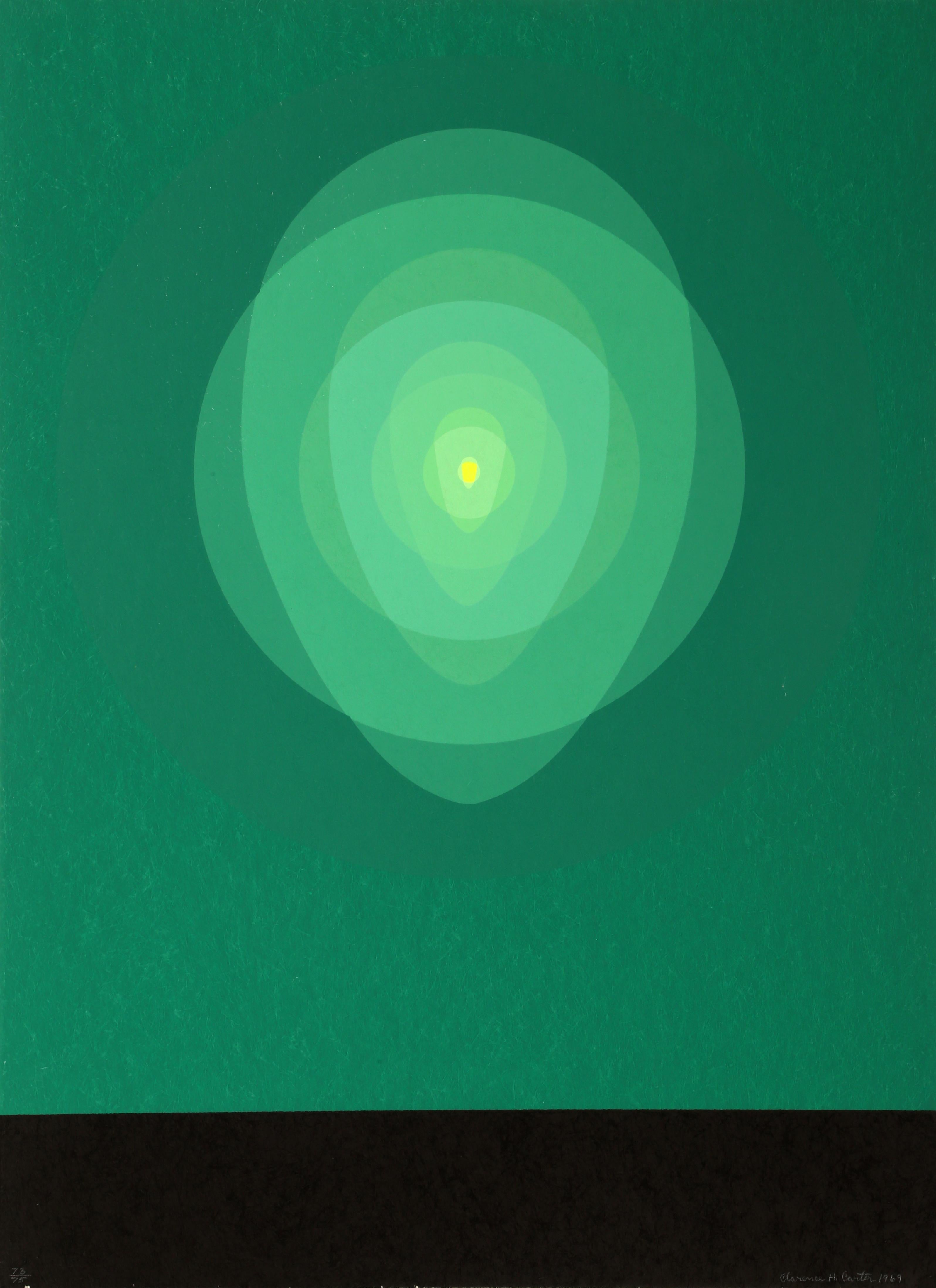 Artist: Clarence Holbrook Carter, American (1904 - 2000)
Title:	Green Mandala
Year: 1969
Medium:	Silkscreen on Japon, signed and numbered in pencil
Edition:	75
Paper Size:	30 x 22 inches