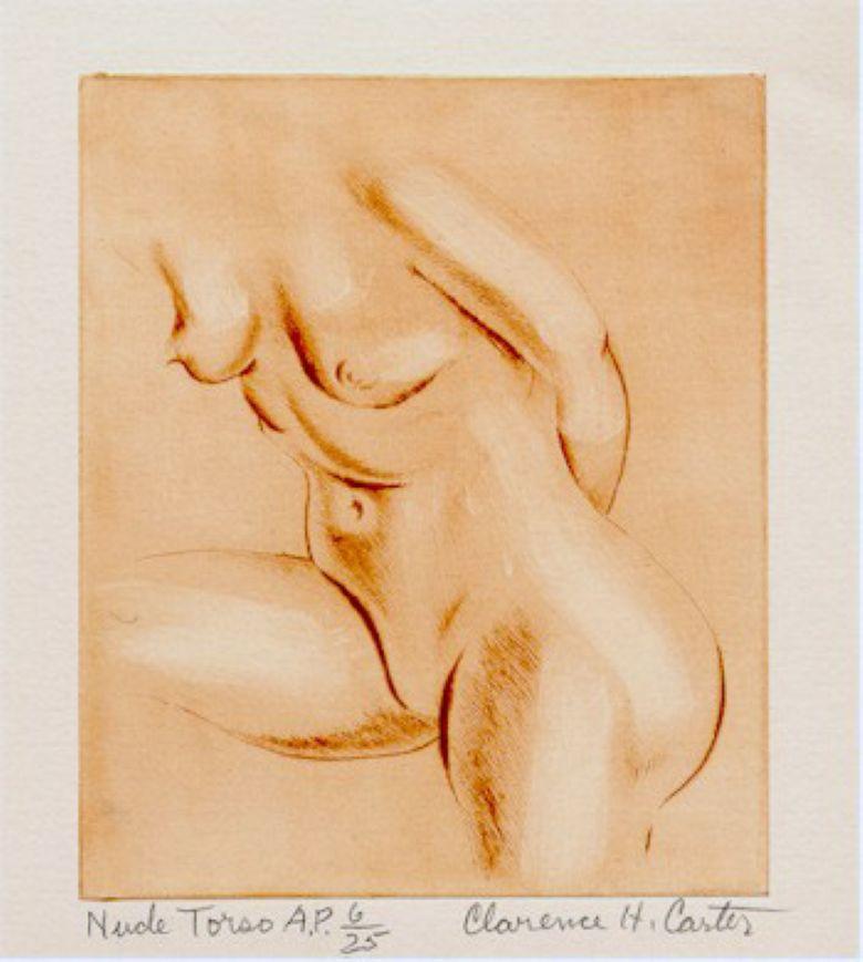 Clarence Holbrook Carter Nude Print – Nudefarbener Torso, signierte Radierung von Clarence Carter
