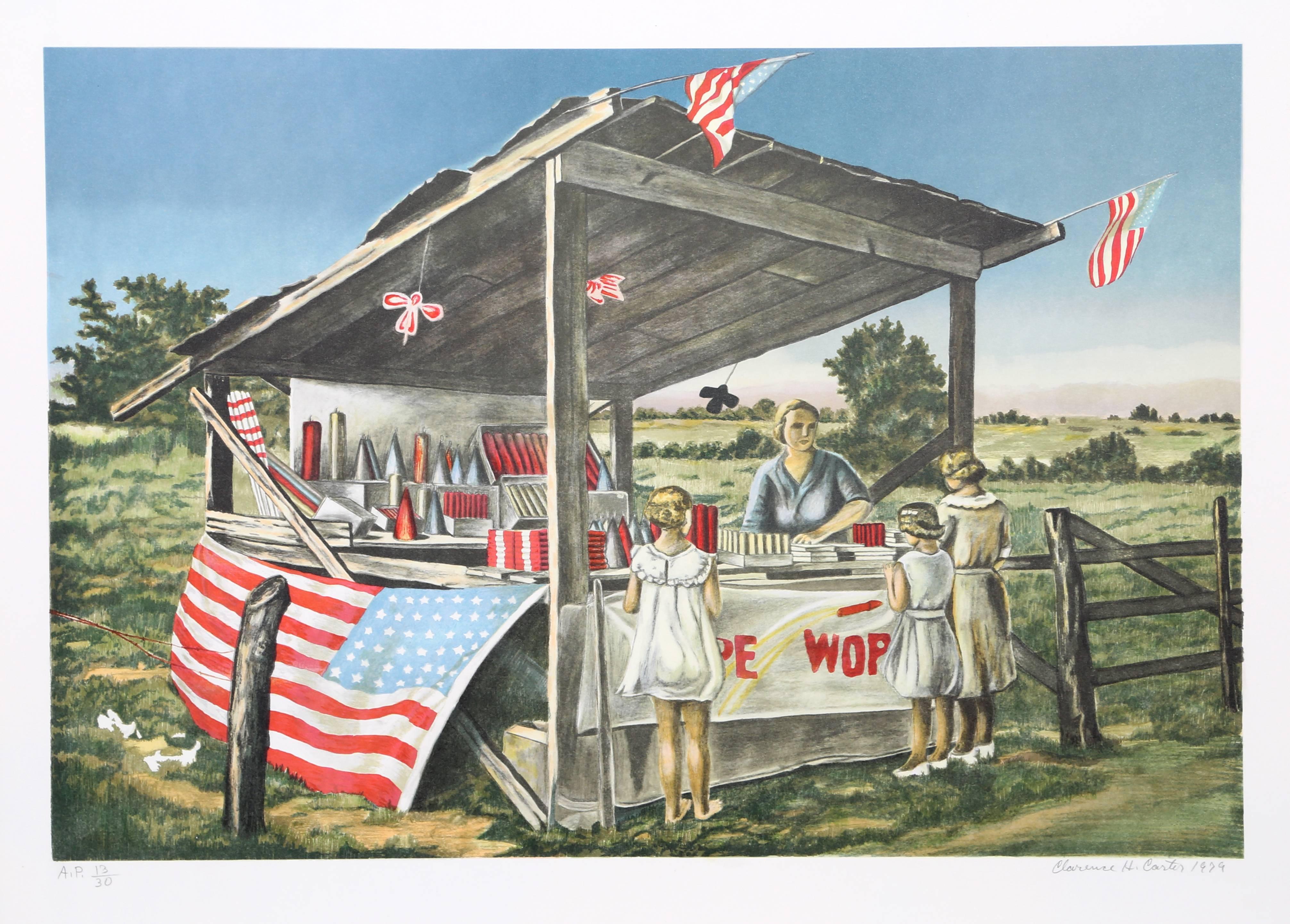 Artist: Clarence Carter Holbrook
Title: Outside the Limits (Fireworks Stand)
Year: 1979
Medium: Lithograph, signed and numbered in pencil 
Edition: AP 30
Image Size: 17 x 25 inches 
Paper Size: 21 in. x 28 in. (53.34 cm x 71.12 cm)