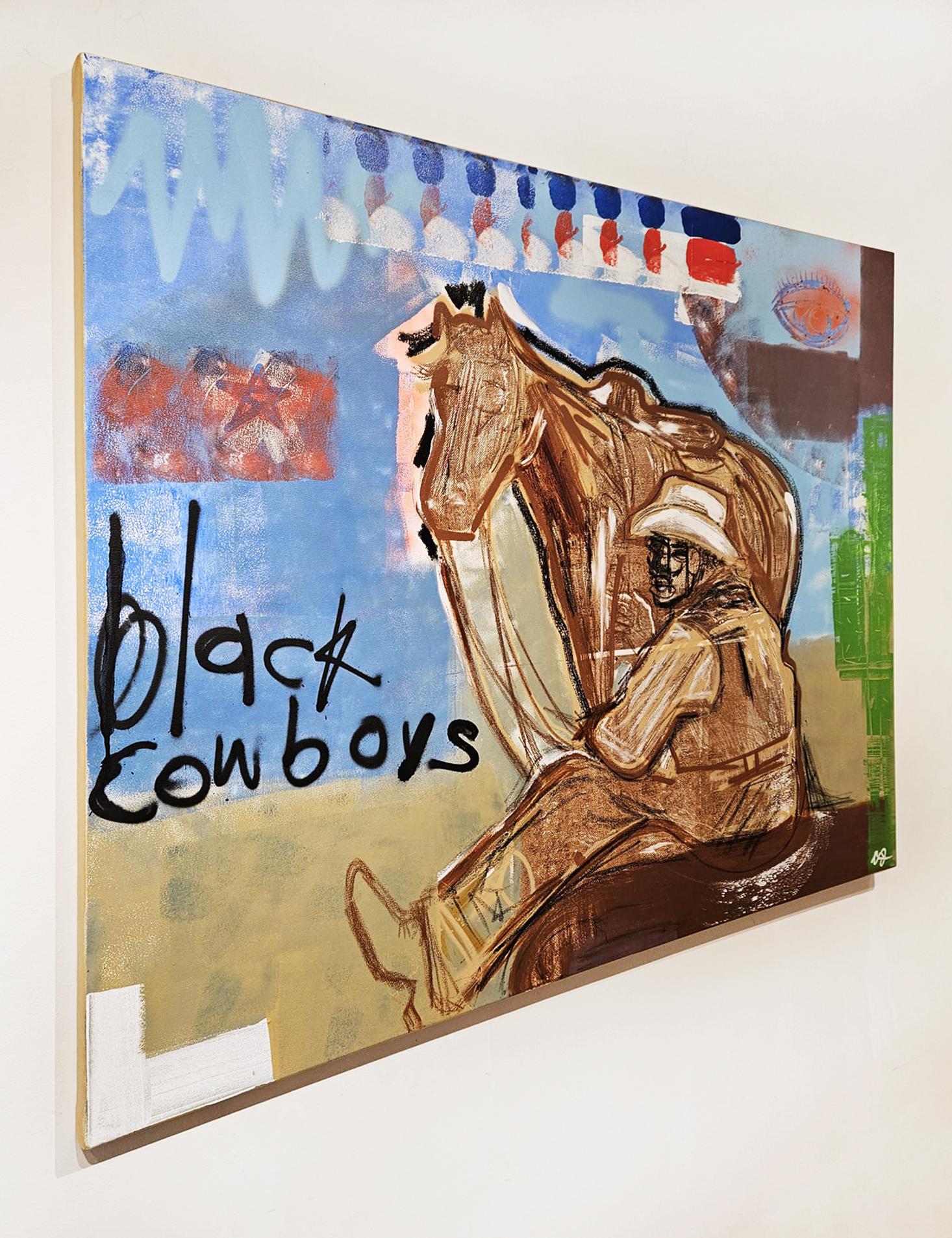 Artista:  A. James, Clarence James
Titolo:  Senza titolo
Serie:  Cowboy neri
Data:  2024
Media:  Acrilico, Aerosol, Olio in stick su tela
Non incorniciato Dimensioni:  48